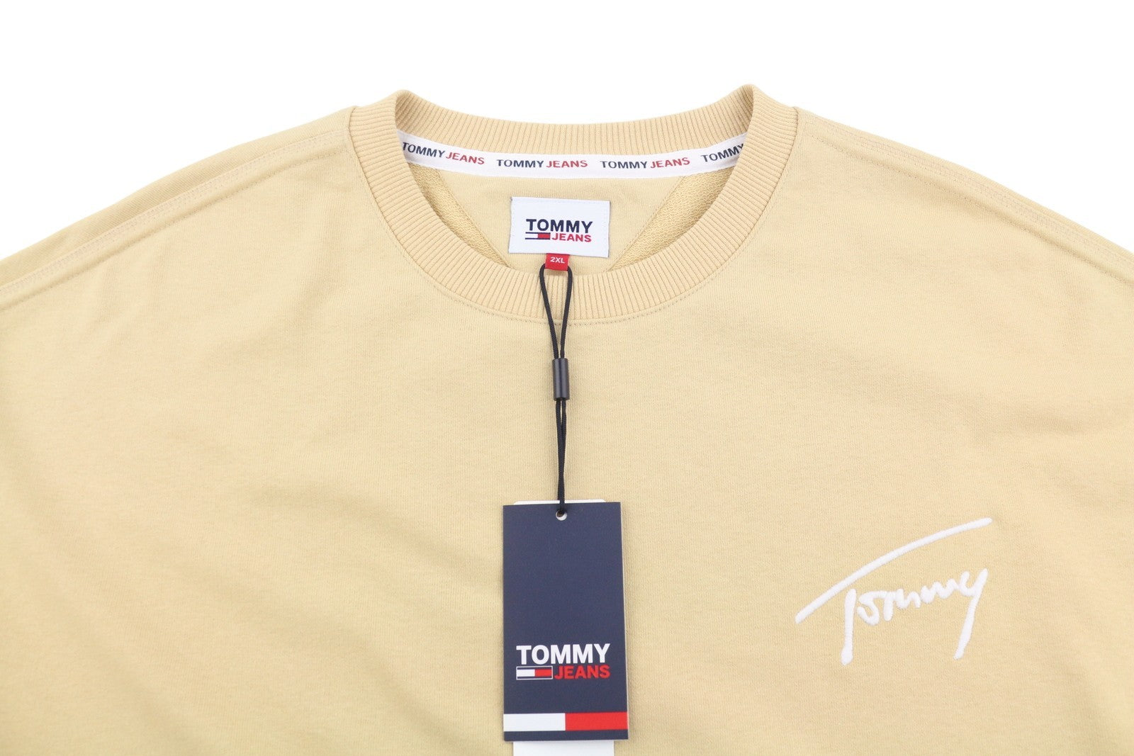 TOMMY HILFIGER vyriškas megztinis 2XL smėlio spalvos su apvalia kaklu ir siuvinėtu logotipu 