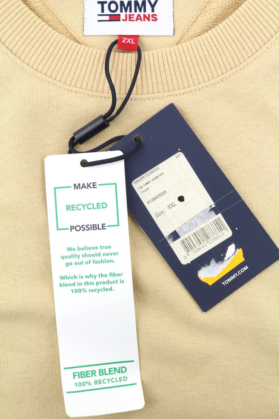 TOMMY HILFIGER vyriškas megztinis 2XL smėlio spalvos su apvalia kaklu ir siuvinėtu logotipu 