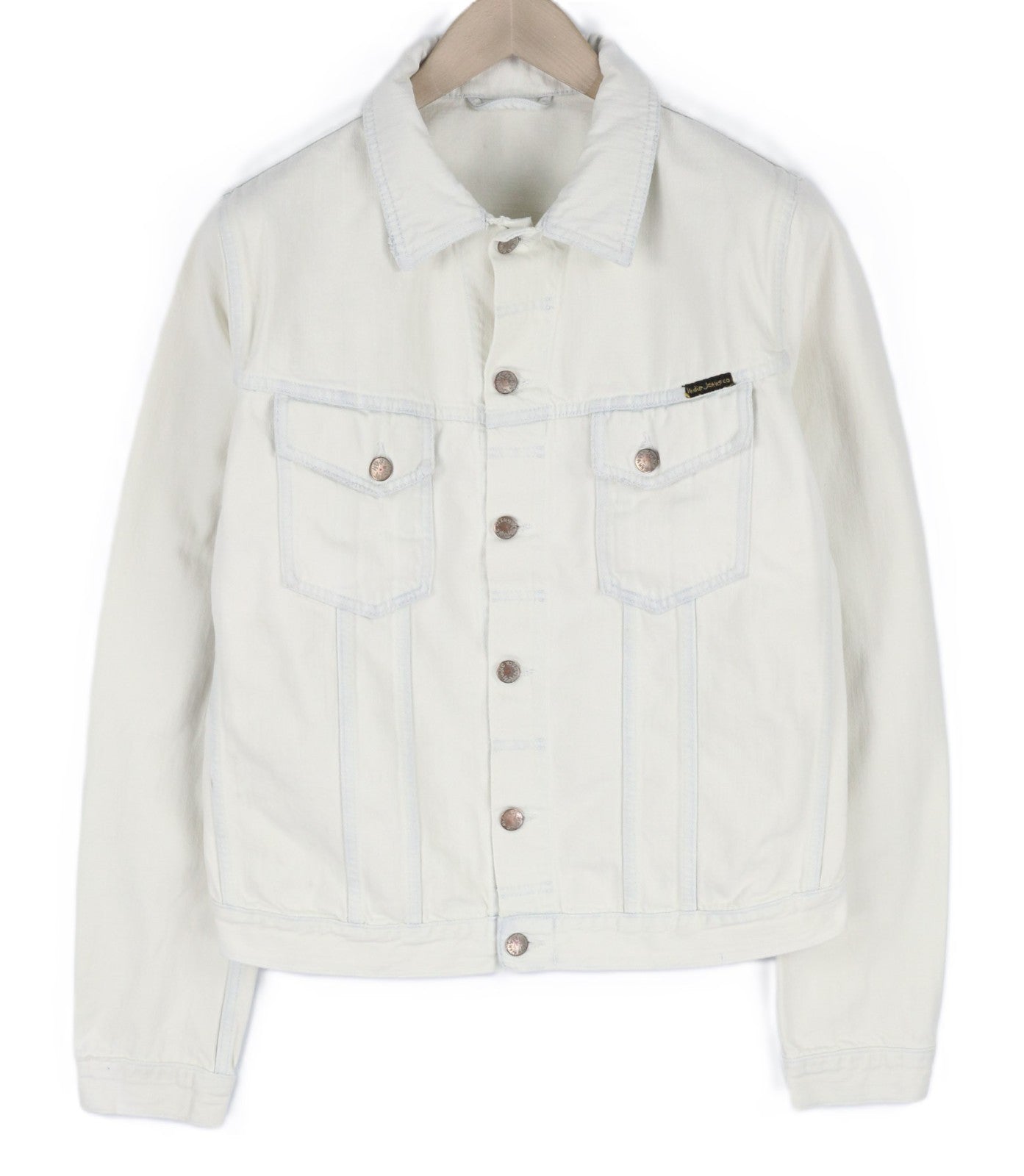 NUDIE JEANS Terry Men's L Extreme Bleach Light Denim Jacket Button Spread