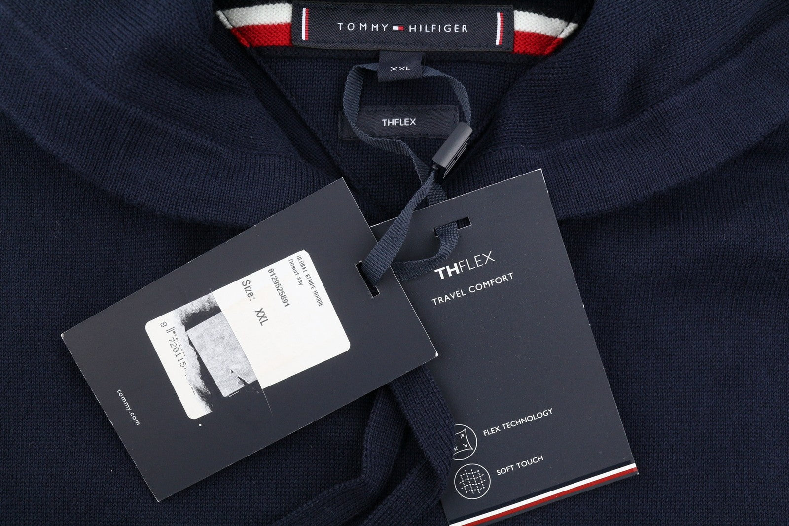 TOMMY HILFIGER THFlex Global Stripe Men Jumper 2XL Travel Comfort Hooded Navy