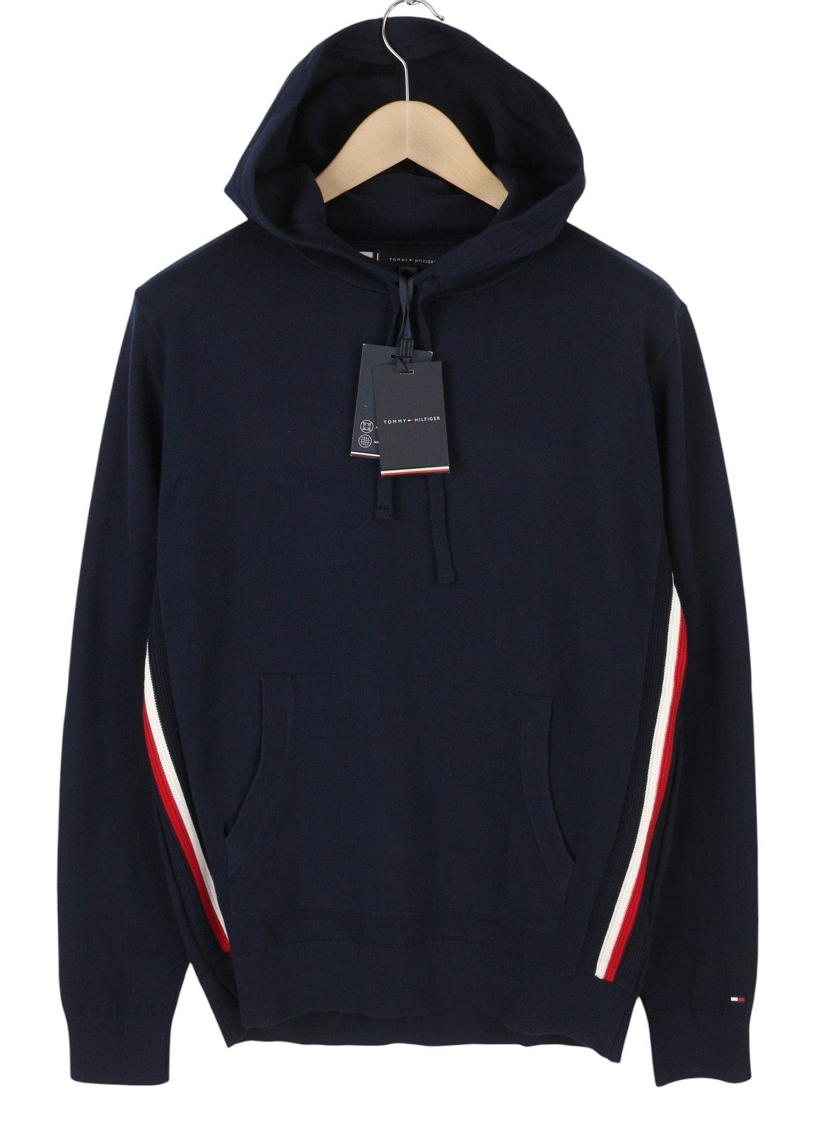 TOMMY HILFIGER THFlex Global Stripe Men Jumper L Travel Comfort Hooded Knit Navy
