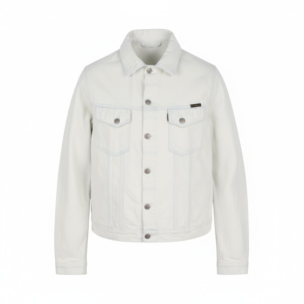 NUDIE JEANS Terry Men's XL Extreme Bleach Light White Spread Denim Logo Jacket