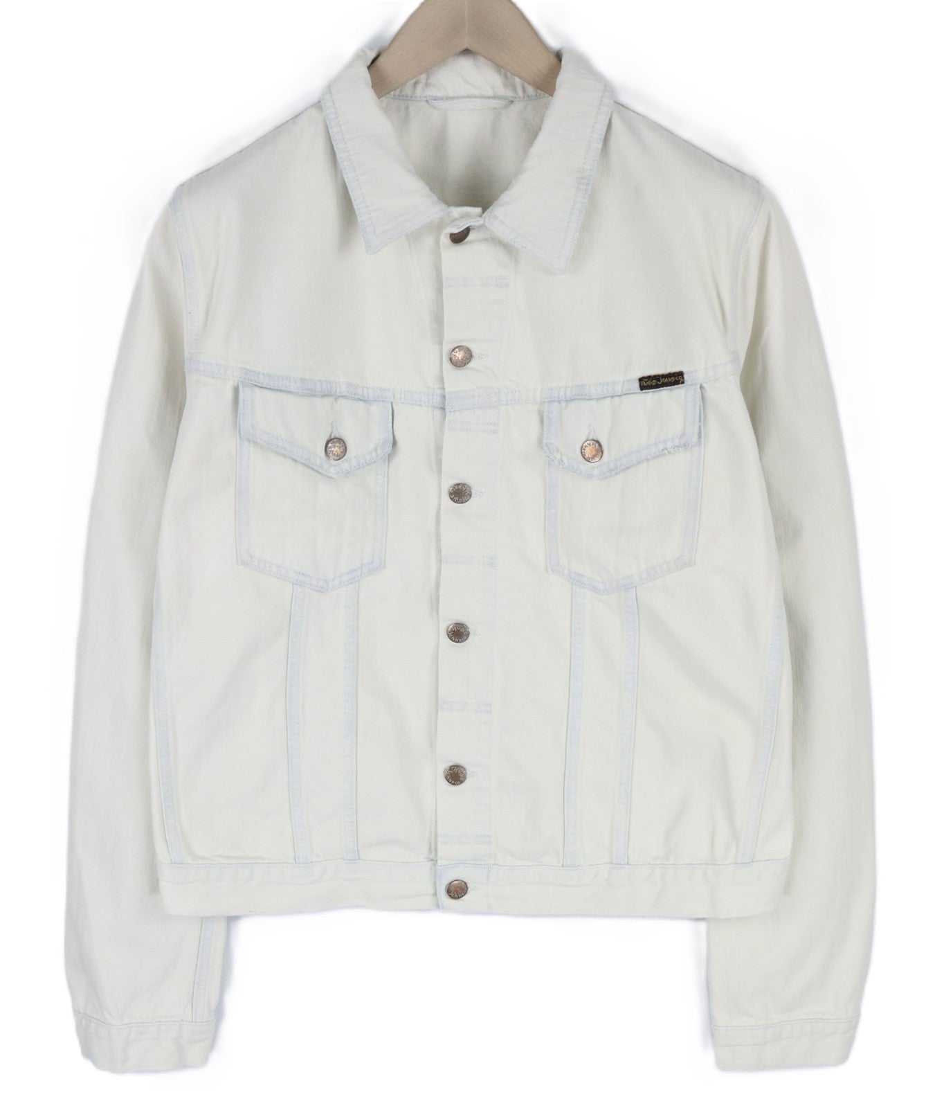 NUDIE JEANS Terry Men's XL Extreme Bleach Light White Spread Denim Logo Jacket