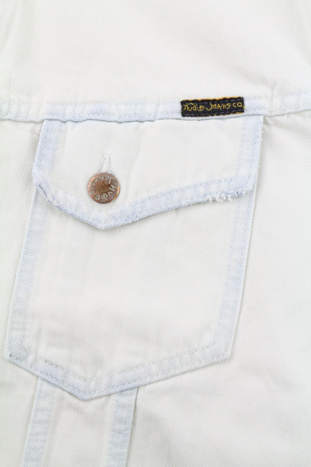 NUDIE JEANS Terry Men's XL Extreme Bleach Light White Spread Denim Logo Jacket