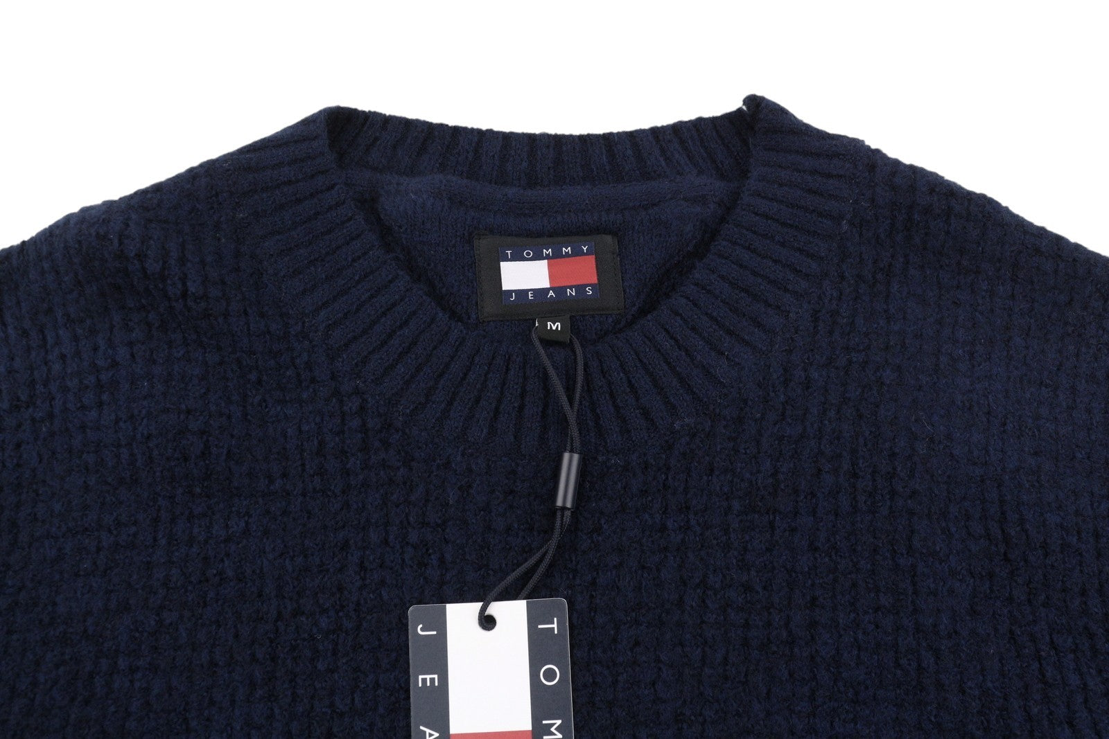 TOMMY HILFIGER Req Waffle Men Jumper M Navy Wool Blend Knit Crew Neck Pullover