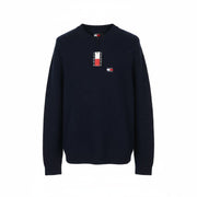 TOMMY HILFIGER Req Waffle Men Jumper L Navy Wool Blend Knit Crew Neck Pullover