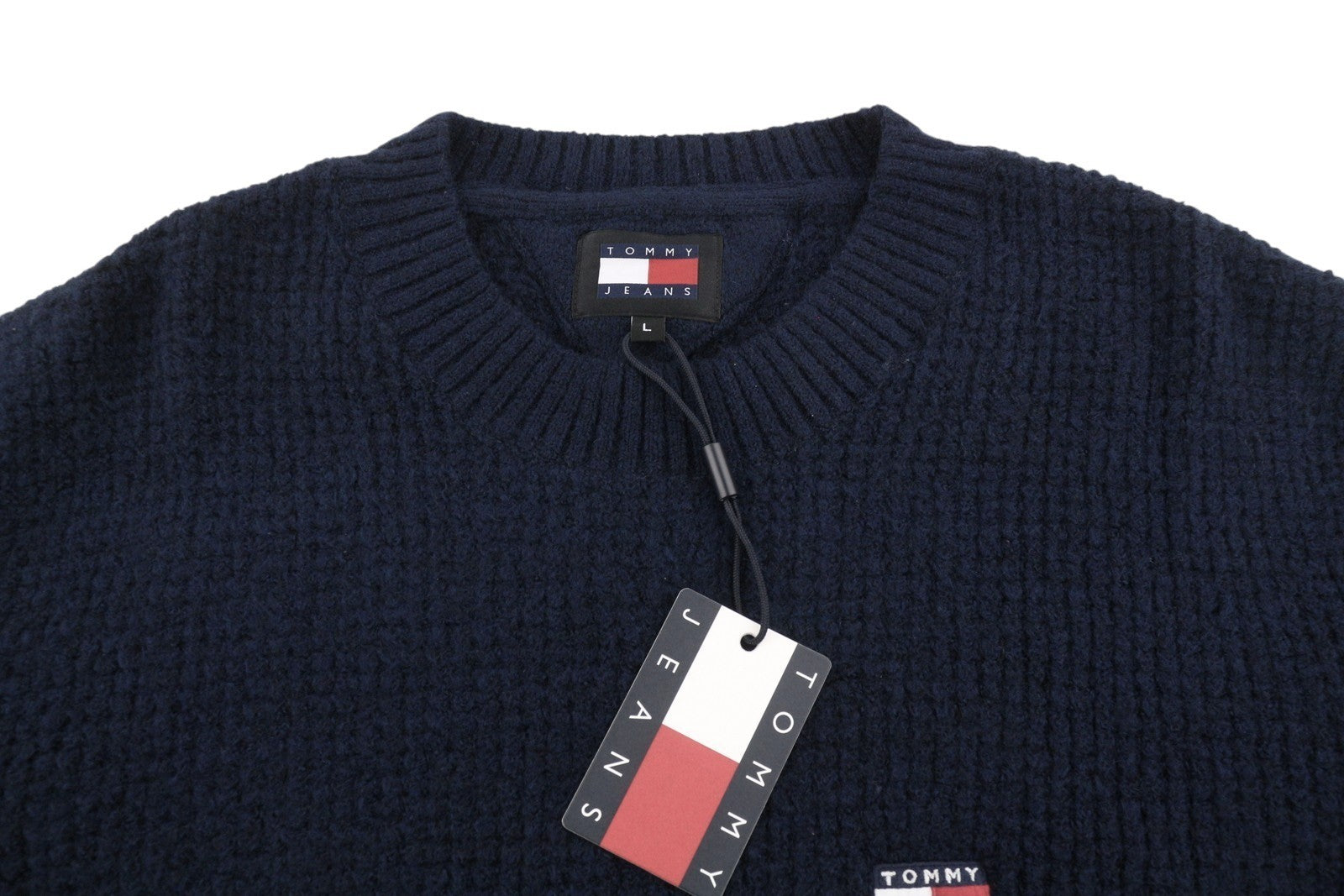 TOMMY HILFIGER Req Waffle Men Jumper L Navy Wool Blend Knit Crew Neck Pullover
