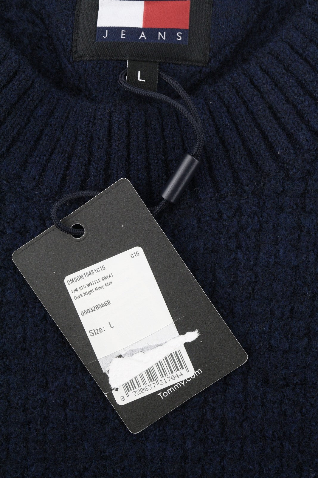 TOMMY HILFIGER Req Waffle Men Jumper L Navy Wool Blend Knit Crew Neck Pullover