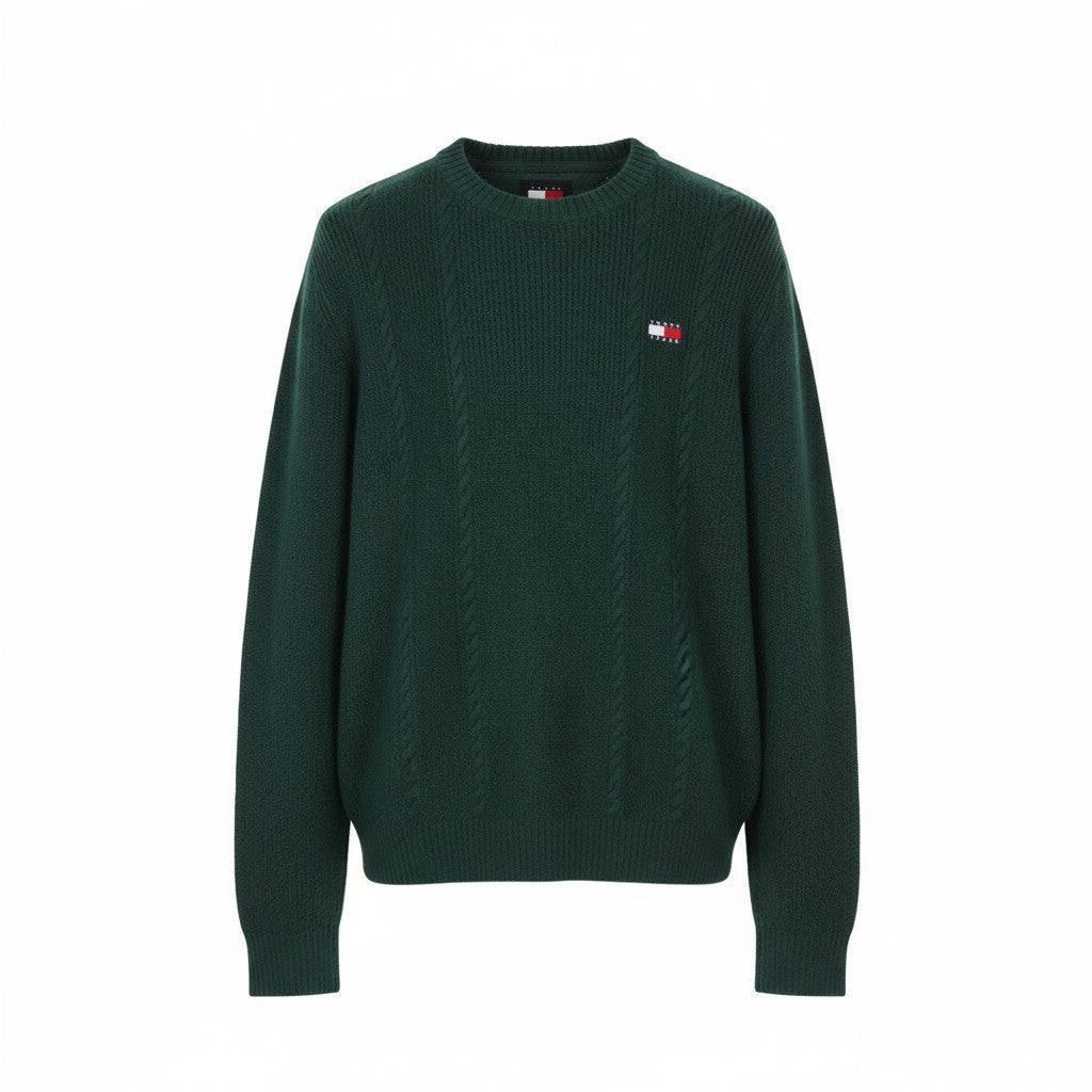 TOMMY HILFIGER Slim Cable Knit Men Jumper L Green Crew Neck Stretch Pullover