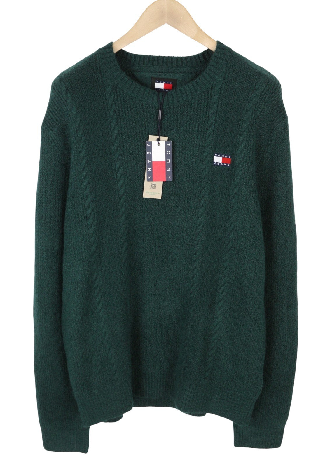 TOMMY HILFIGER Slim Cable Knit Men Jumper L Green Crew Neck Stretch Pullover