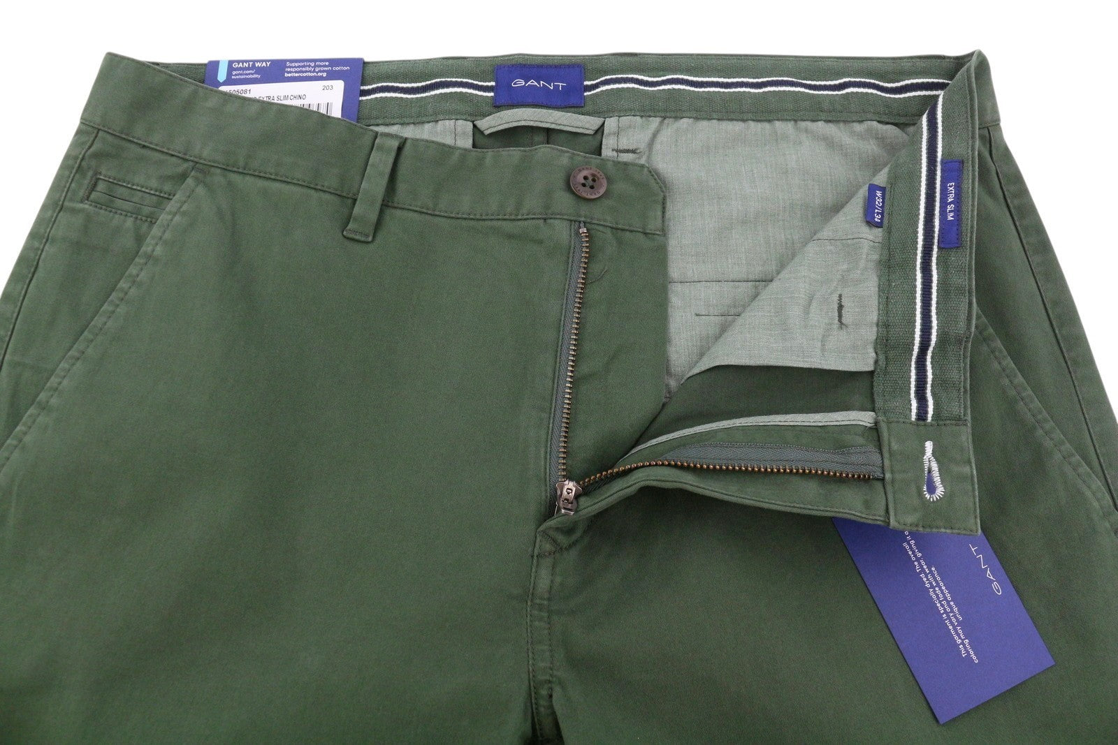 GANT Brushed Extra Slim Chino Men Trousers W32/L34 Thyme Green Zip Fly Logo