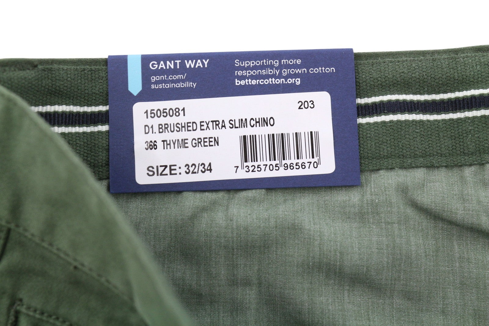 GANT Brushed Extra Slim Chino Men Trousers W32/L34 Thyme Green Zip Fly Logo