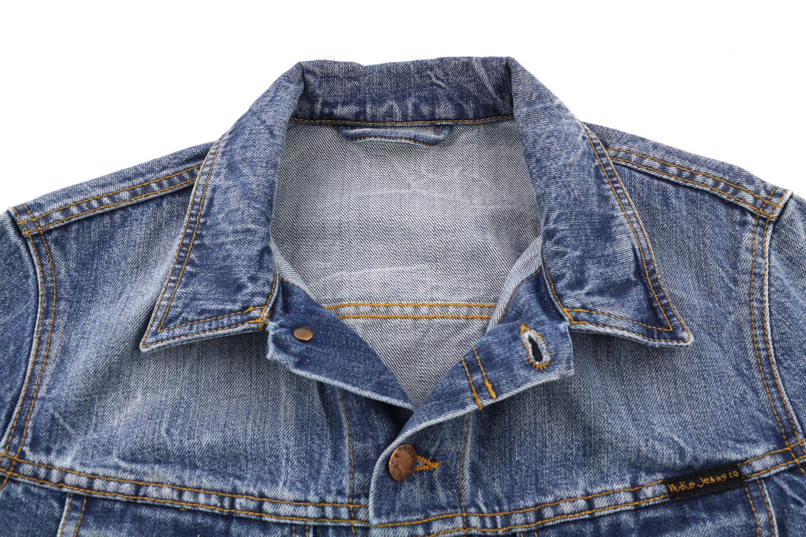 NUDIE JEANS Terry vyriška M dydžio skalbta ekologiška šviesaus vintažinio logotipo išskleidžiama sagų striukė 