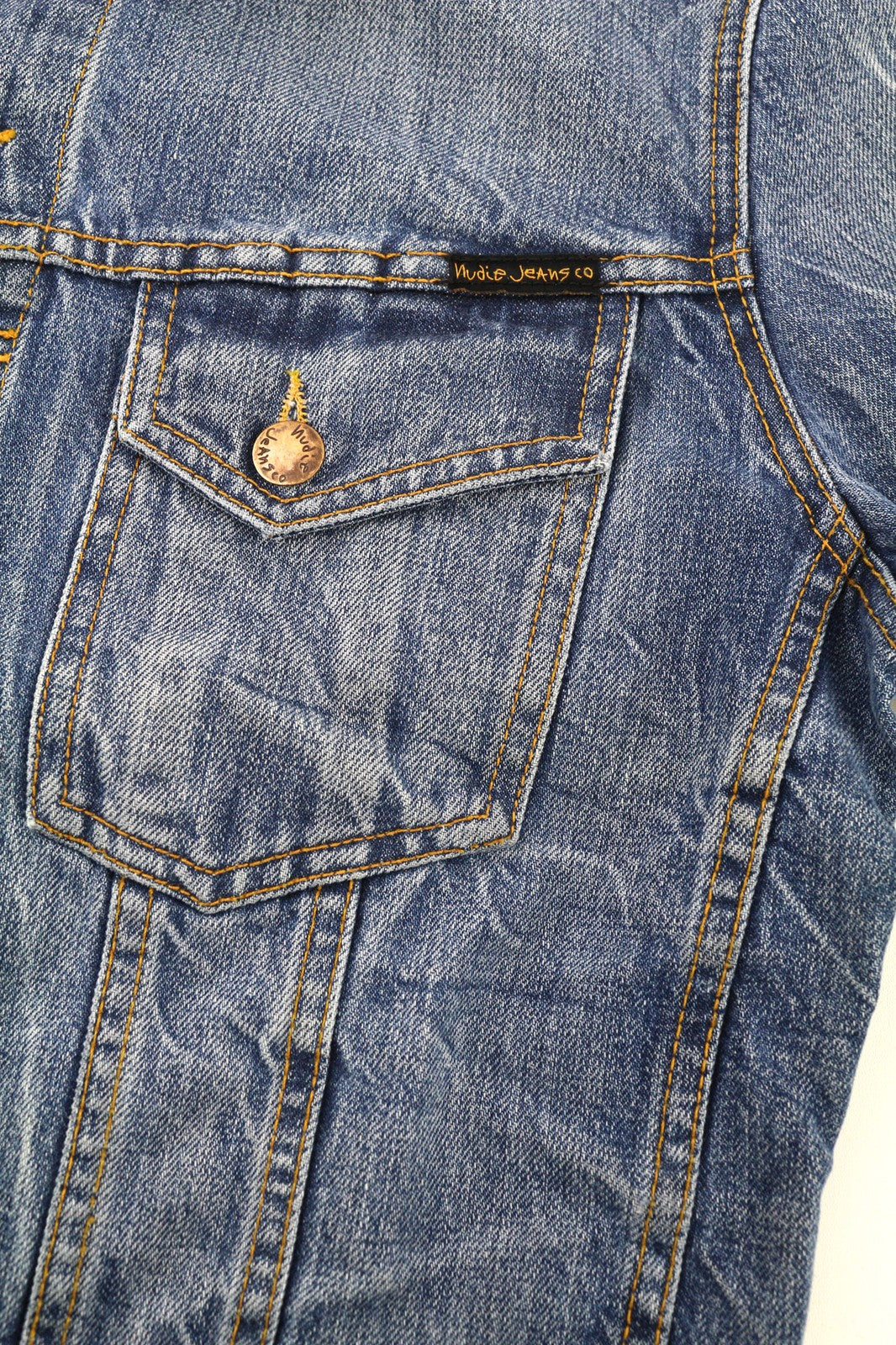 NUDIE JEANS Terry vyriška M dydžio skalbta ekologiška šviesaus vintažinio logotipo išskleidžiama sagų striukė 