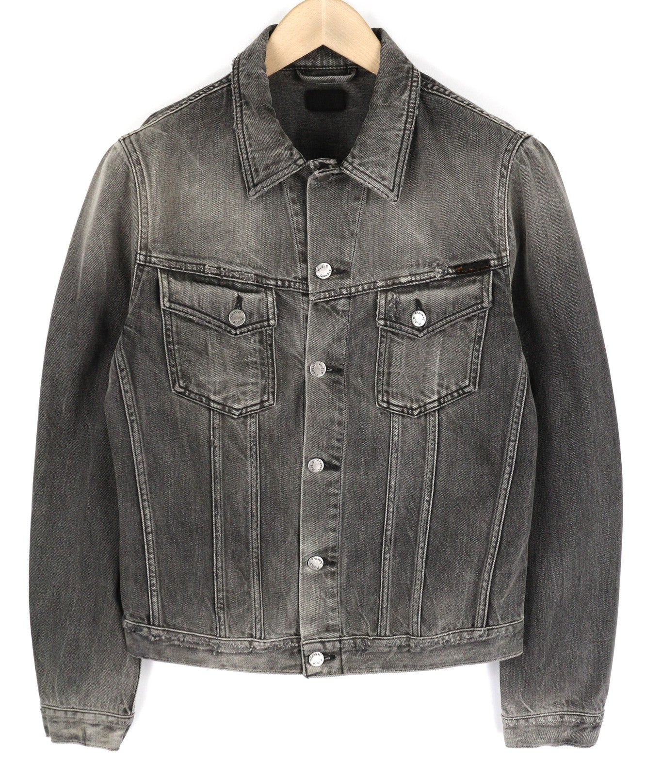 NUDIE JEANS Men's M Grey Washed Denim Spread Neck Logo Pockets Buttoned Jacket