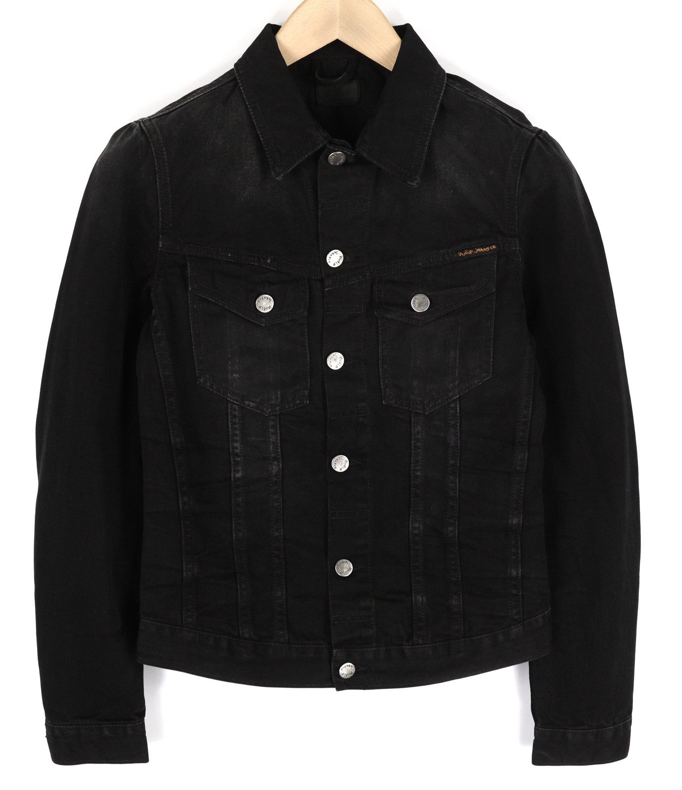 NUDIE JEANS Billy Men's XS Dark Shist Denim Spread Button Black Pockets Jacket