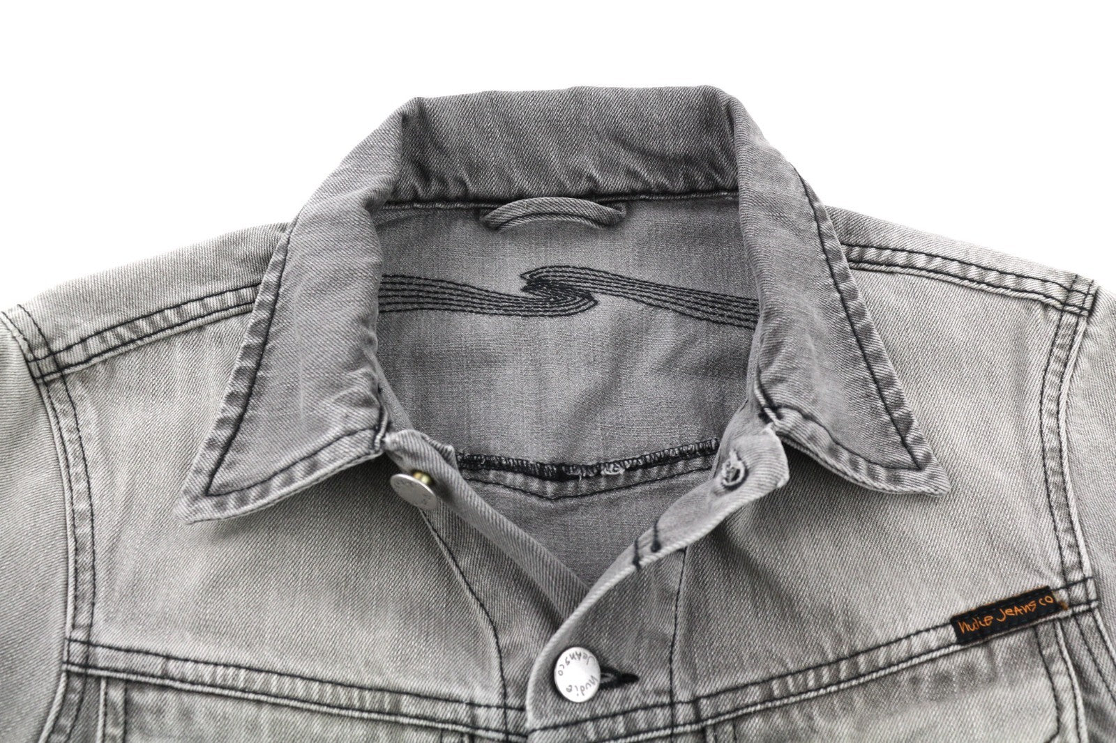 NUDIE JEANS Conny Men's XS Organic Fog Grey Washed Denim Spread Button Jacket