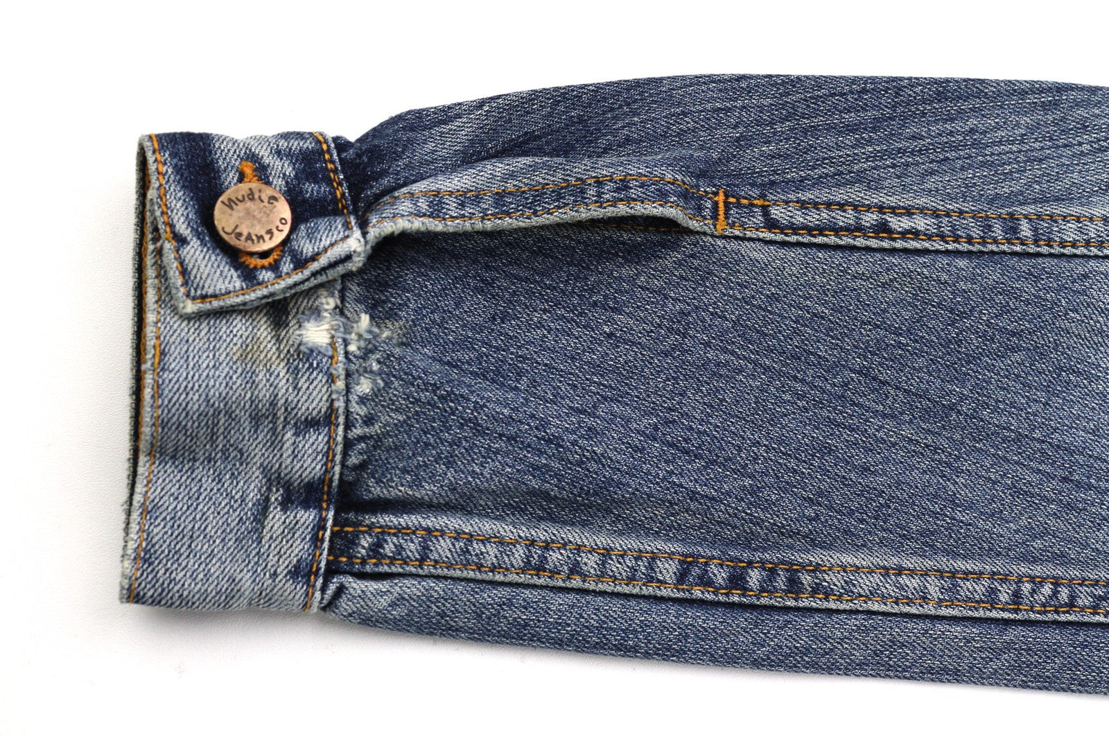 NUDIE JEANS Billy Men's S Crunch Blue Washed Denim Button Spread Logo Jacket