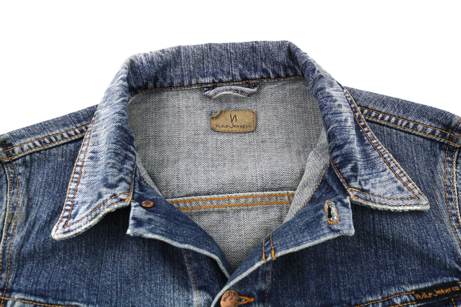 NUDIE JEANS Billy Men's S Crunch Blue Washed Denim Button Spread Logo Jacket