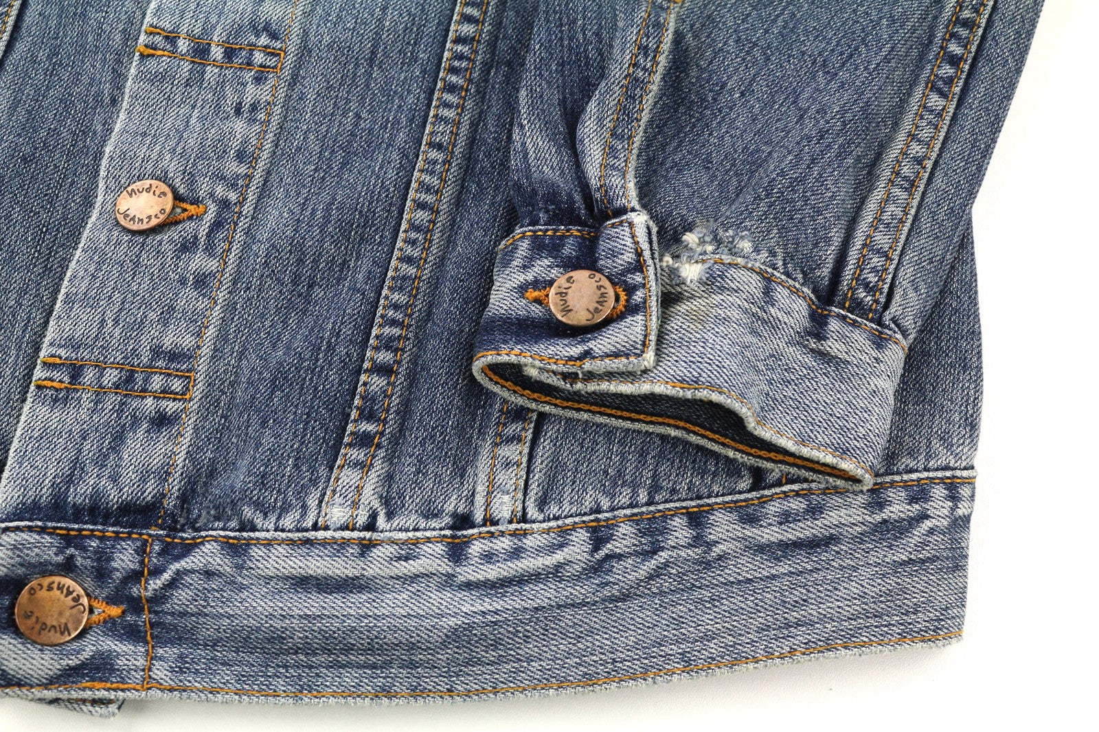 NUDIE JEANS Billy Men's S Crunch Blue Washed Denim Button Spread Logo Jacket