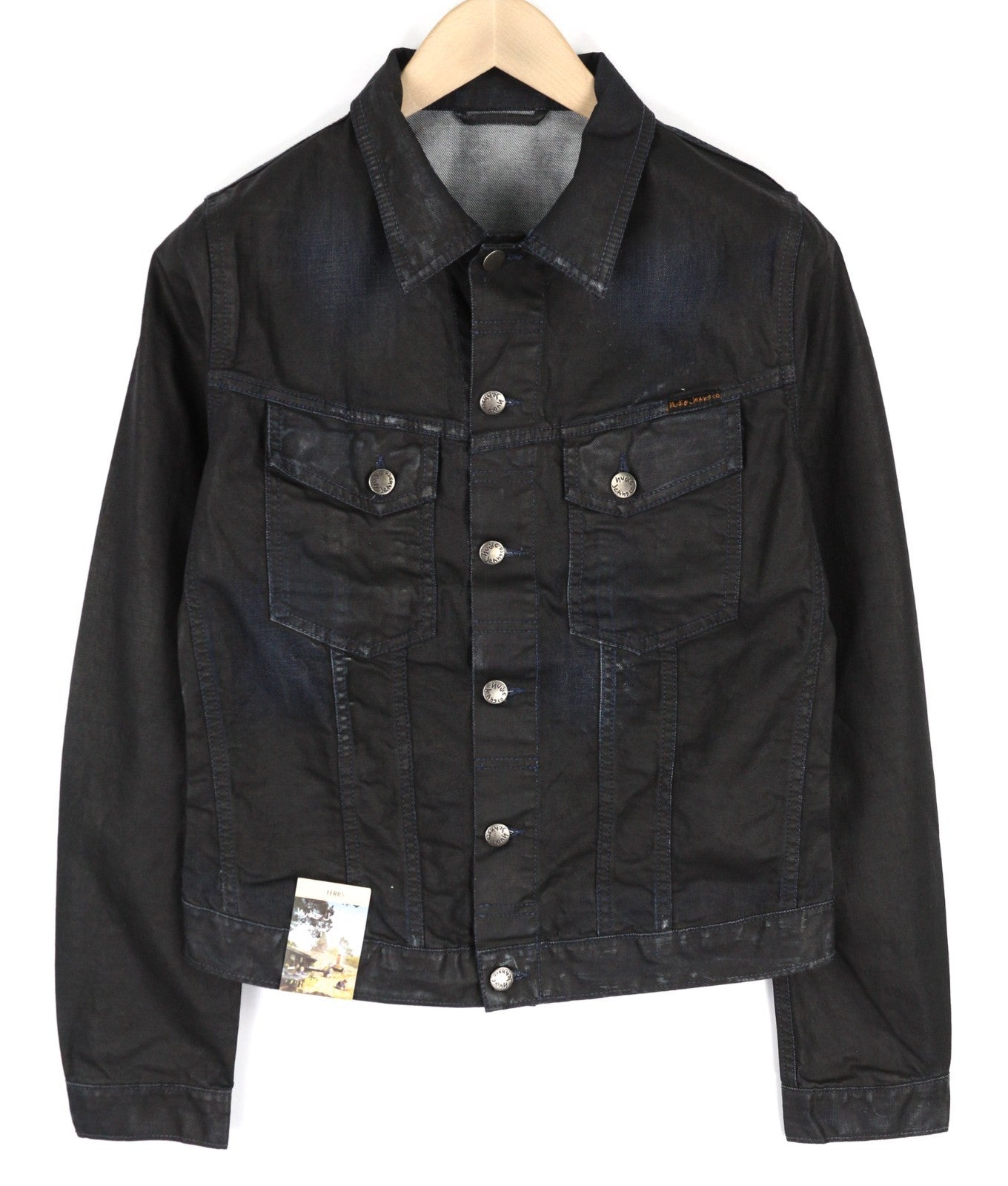 NUDIE JEANS Terry Men's M Black Coated Indigo Spread Neck Button Logo Jacket