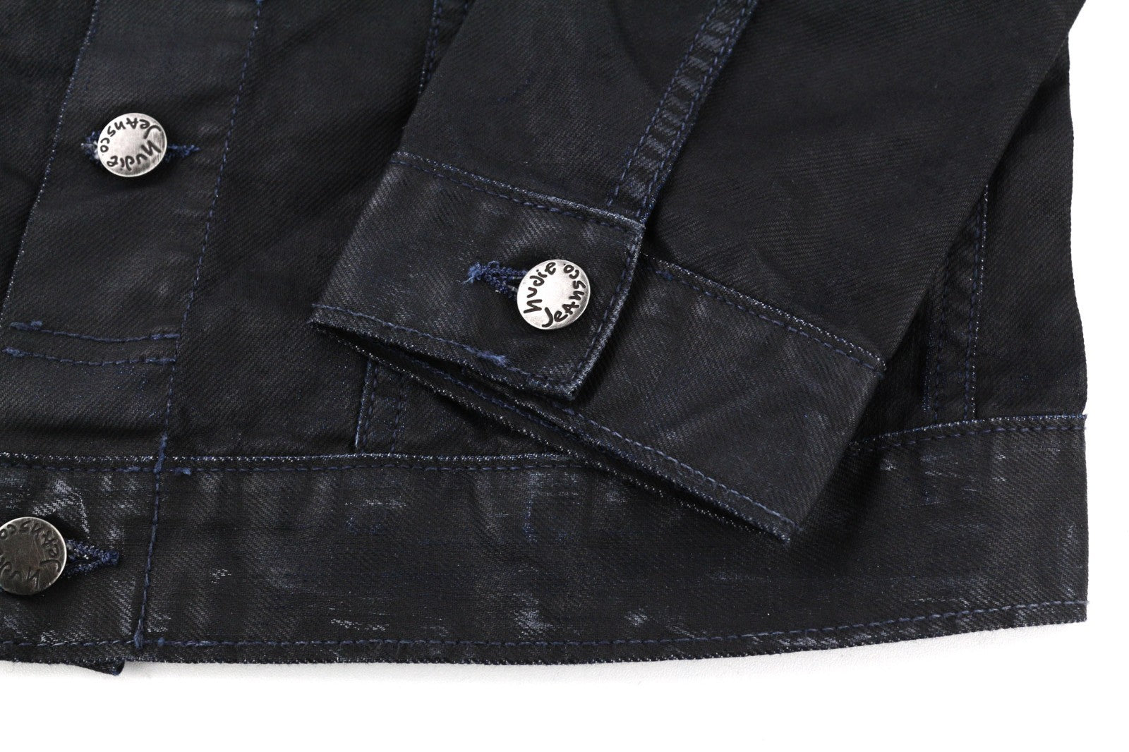 NUDIE JEANS Terry Men's M Black Coated Indigo Spread Neck Button Logo Jacket