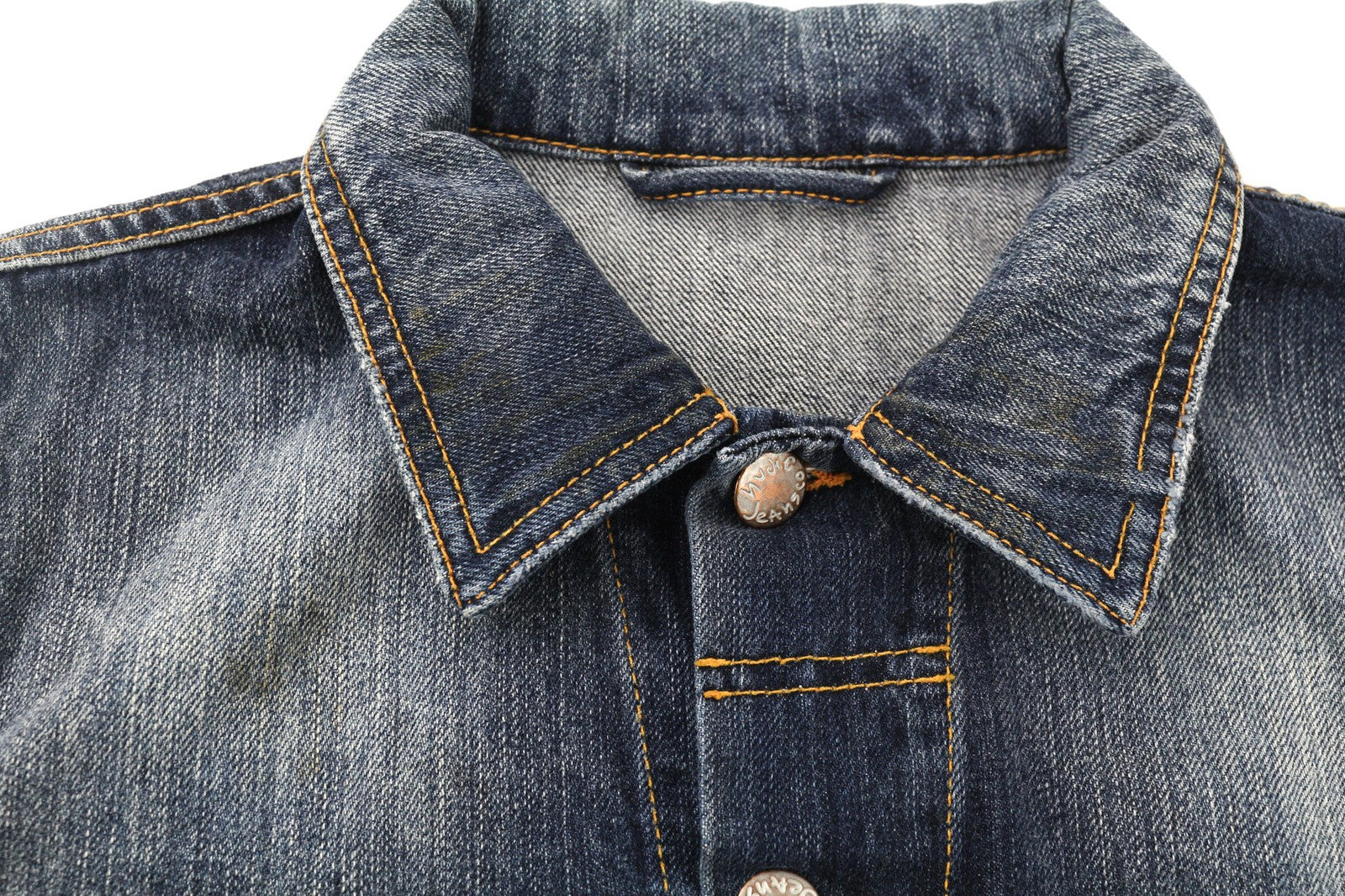 NUDIE JEANS Terry vyriškas XS dydžio vintažinis dėvėtas džinsinis švarkas su logotipu ir sagomis 