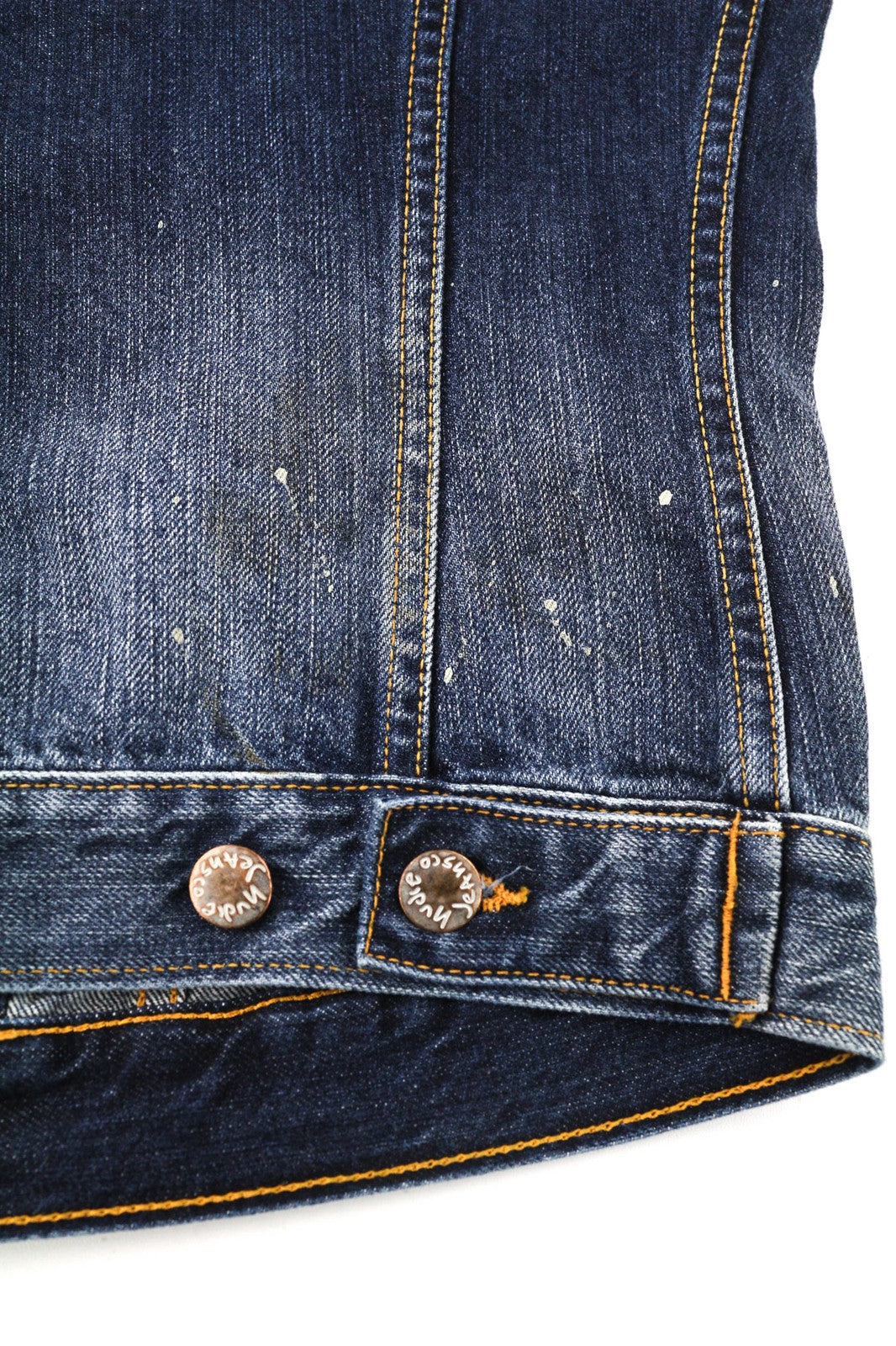 NUDIE JEANS Terry vyriškas XS dydžio vintažinis dėvėtas džinsinis švarkas su logotipu ir sagomis 