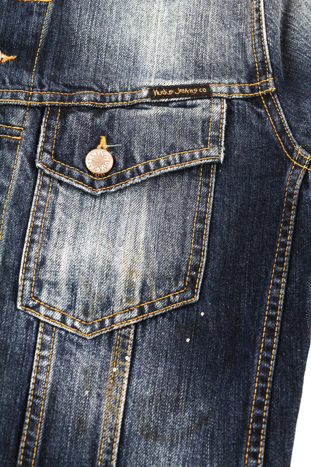 NUDIE JEANS Terry vyriškas XS dydžio vintažinis dėvėtas džinsinis švarkas su logotipu ir sagomis 