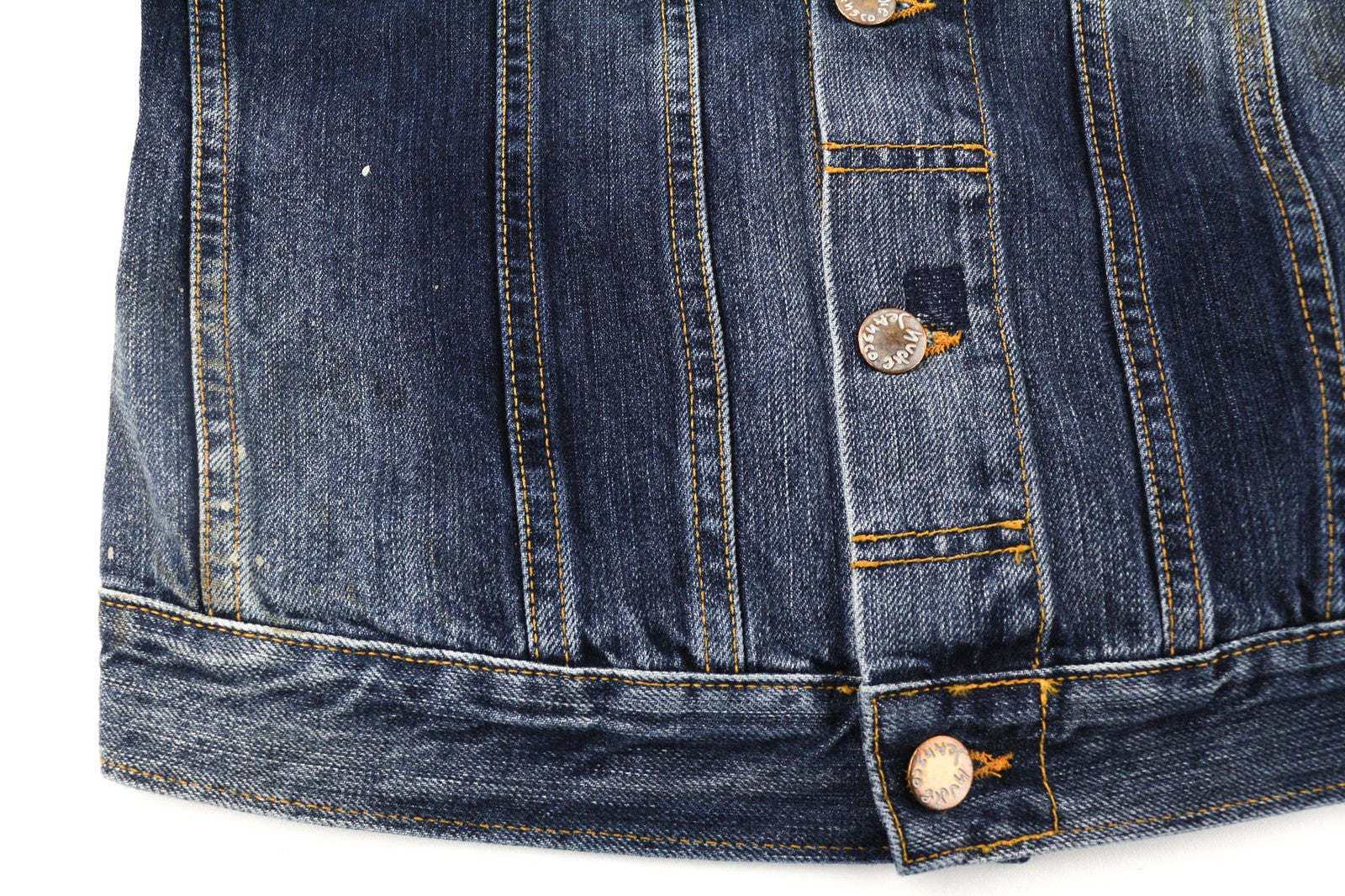 NUDIE JEANS Terry vyriškas XS dydžio vintažinis dėvėtas džinsinis švarkas su logotipu ir sagomis 