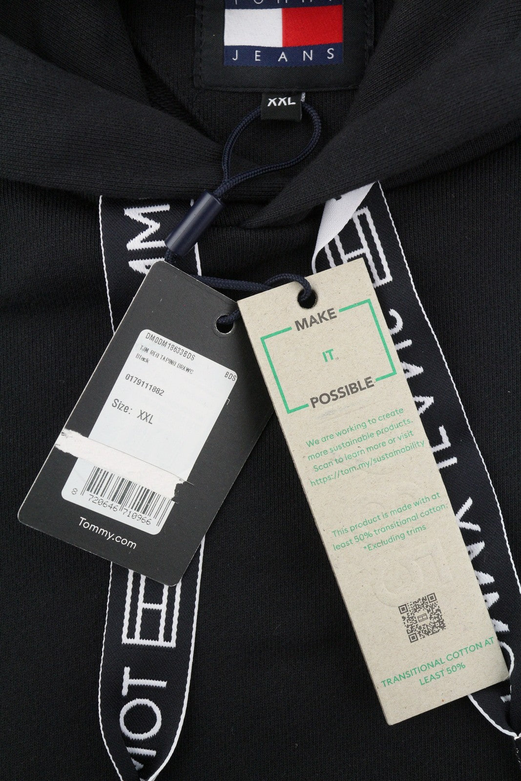 TOMMY HILFIGER Bxy Lofo Drawcor Men Hoodie 2XL Black Kangaroo Pullover Unisex