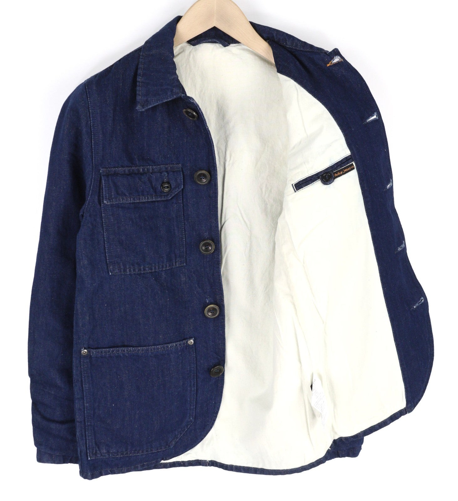 NUDIE JEANS Ricco Dark Hemp vyriškas XS dydžio mėlynas medvilnės mišinio džinsinis švarkas su apykakle 