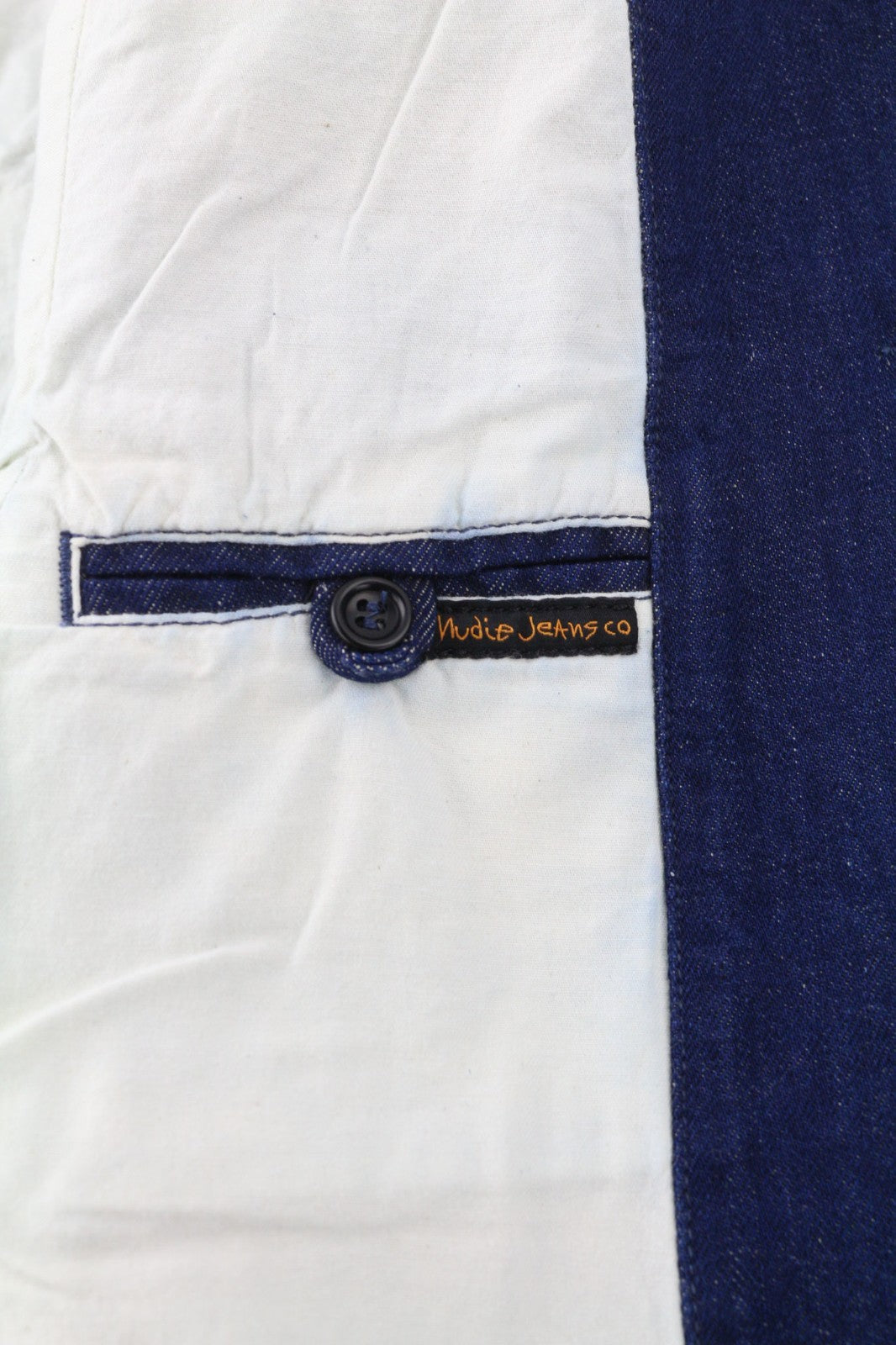 NUDIE JEANS Ricco Dark Hemp vyriškas XS dydžio mėlynas medvilnės mišinio džinsinis švarkas su apykakle 