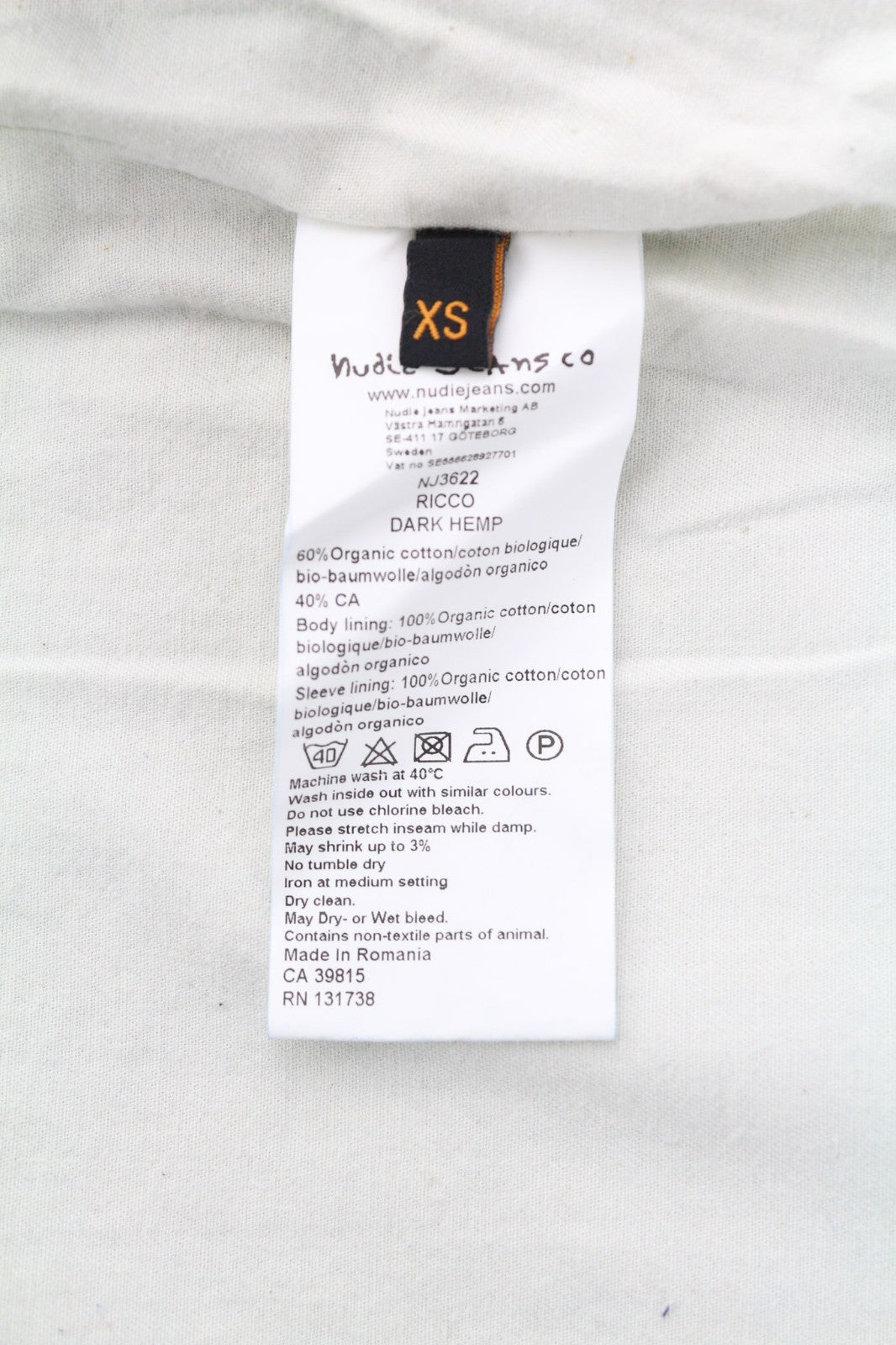 NUDIE JEANS Ricco Dark Hemp vyriškas XS dydžio mėlynas medvilnės mišinio džinsinis švarkas su apykakle 