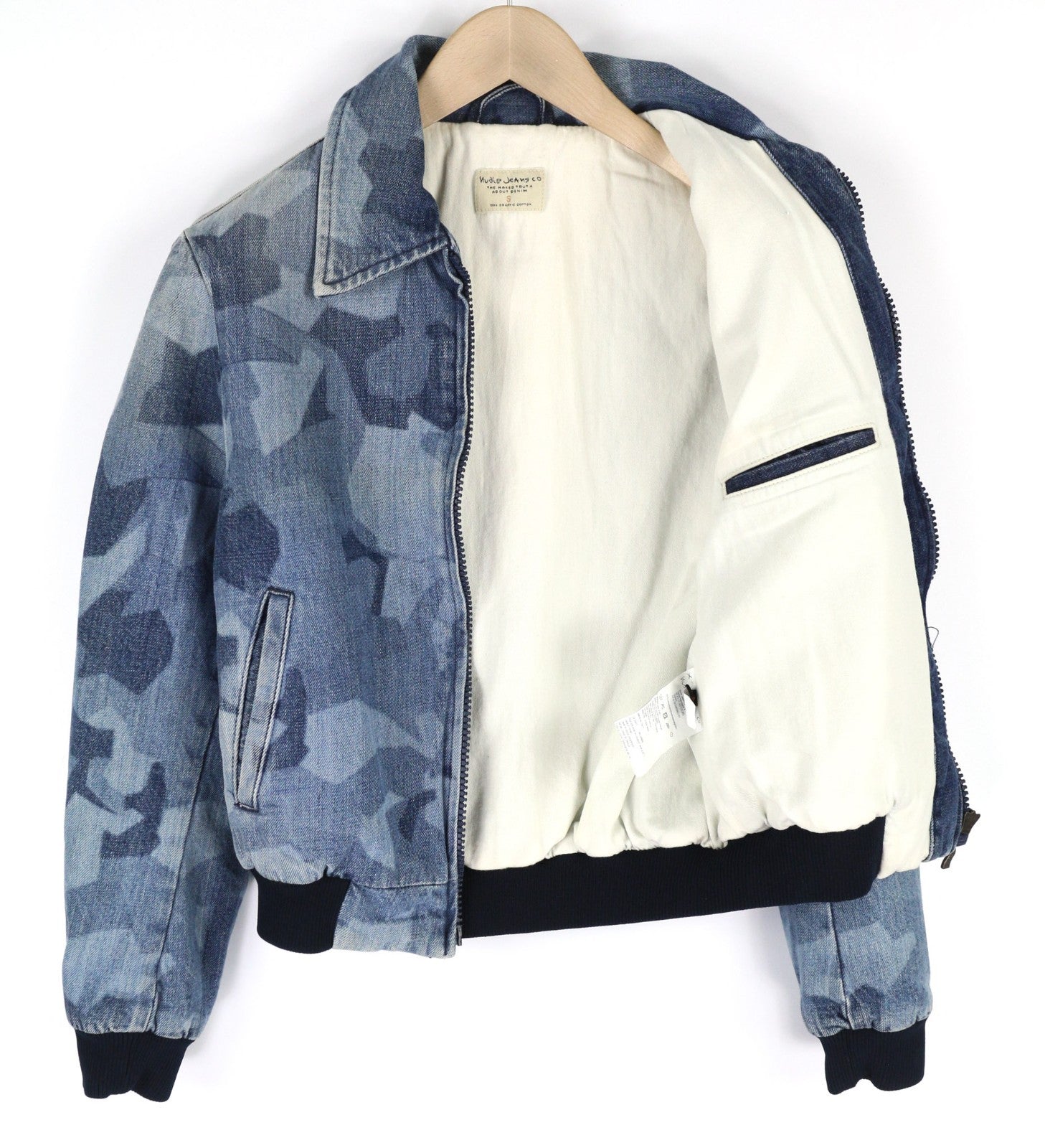 NUDIE JEANS Gudrun Camo Denim Women's S Blue Patterned Cotton Bomber Jacket