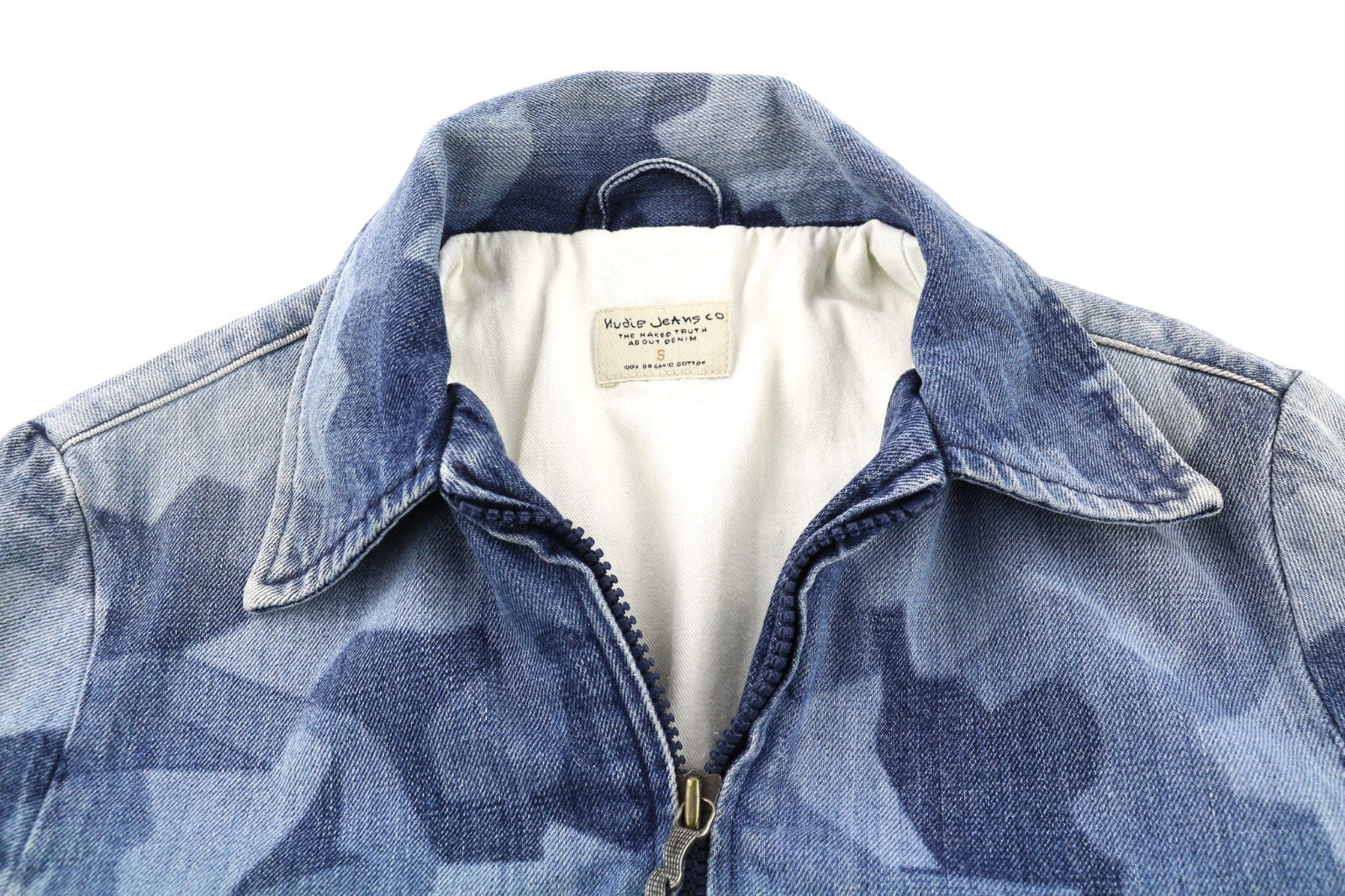 NUDIE JEANS Gudrun Camo Denim Women's S Blue Patterned Cotton Bomber Jacket