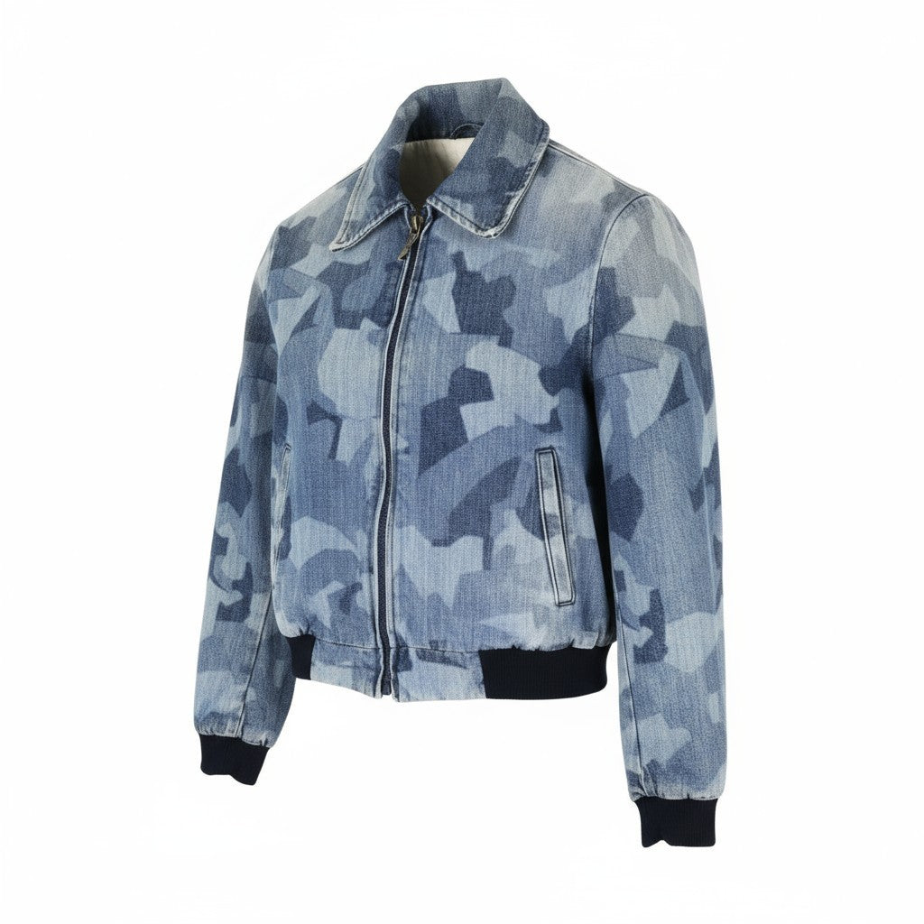 NUDIE JEANS Gudrun Camo Denim Women's S Blue Cotton Camouflage Bomber Jacket