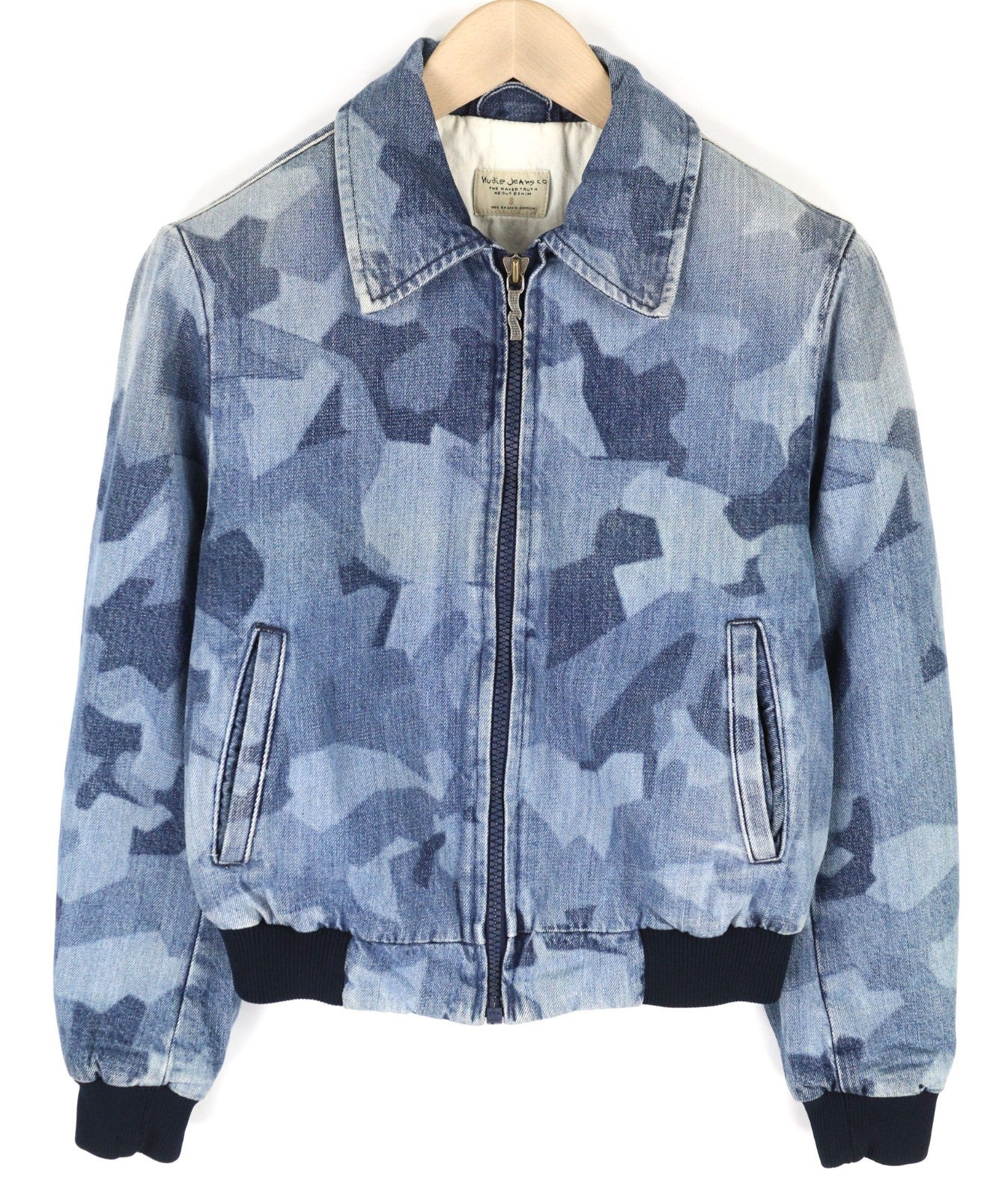 NUDIE JEANS Gudrun Camo Denim Women's S Blue Cotton Camouflage Bomber Jacket