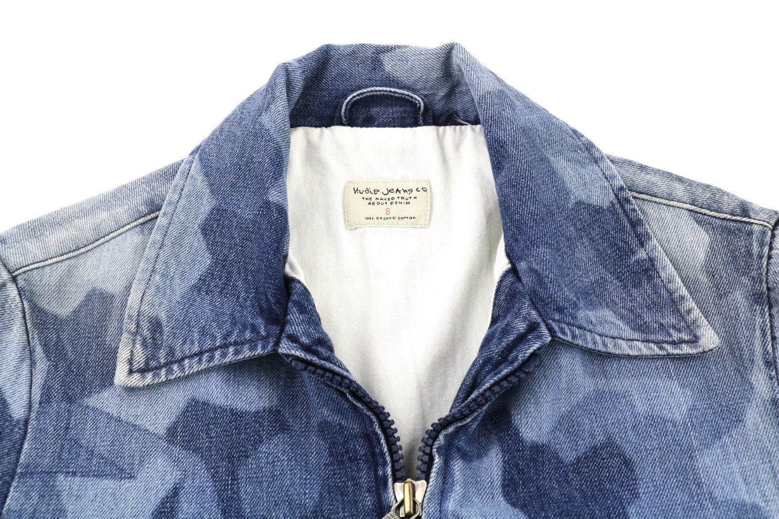NUDIE JEANS Gudrun Camo Denim Women's S Blue Cotton Camouflage Bomber Jacket
