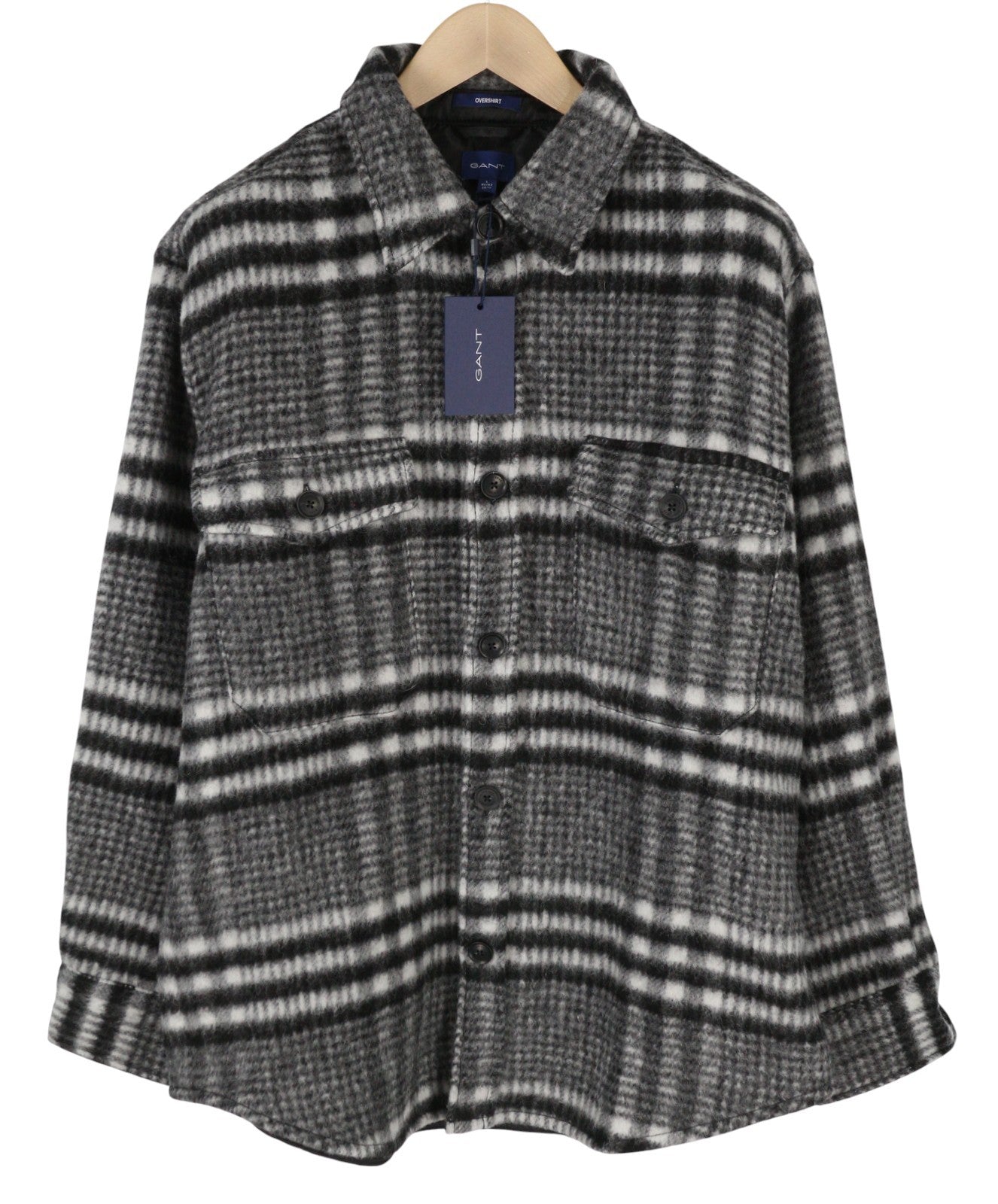 GANT Houndstooth Overshirt Men Jacket L Black Wool Blend Flannel Plaid RRP375