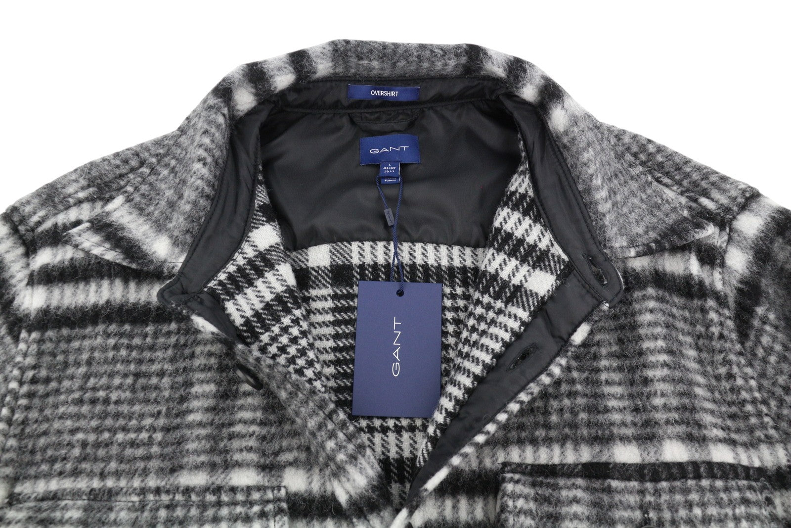 GANT „Houndstooth“ marškinėlių tipo vyriškas švarkas L, juodas, vilnos mišinio flanelinis, languotas, RRP375