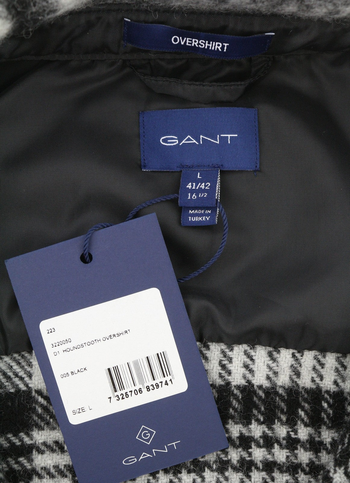 GANT „Houndstooth“ marškinėlių tipo vyriškas švarkas L, juodas, vilnos mišinio flanelinis, languotas, RRP375