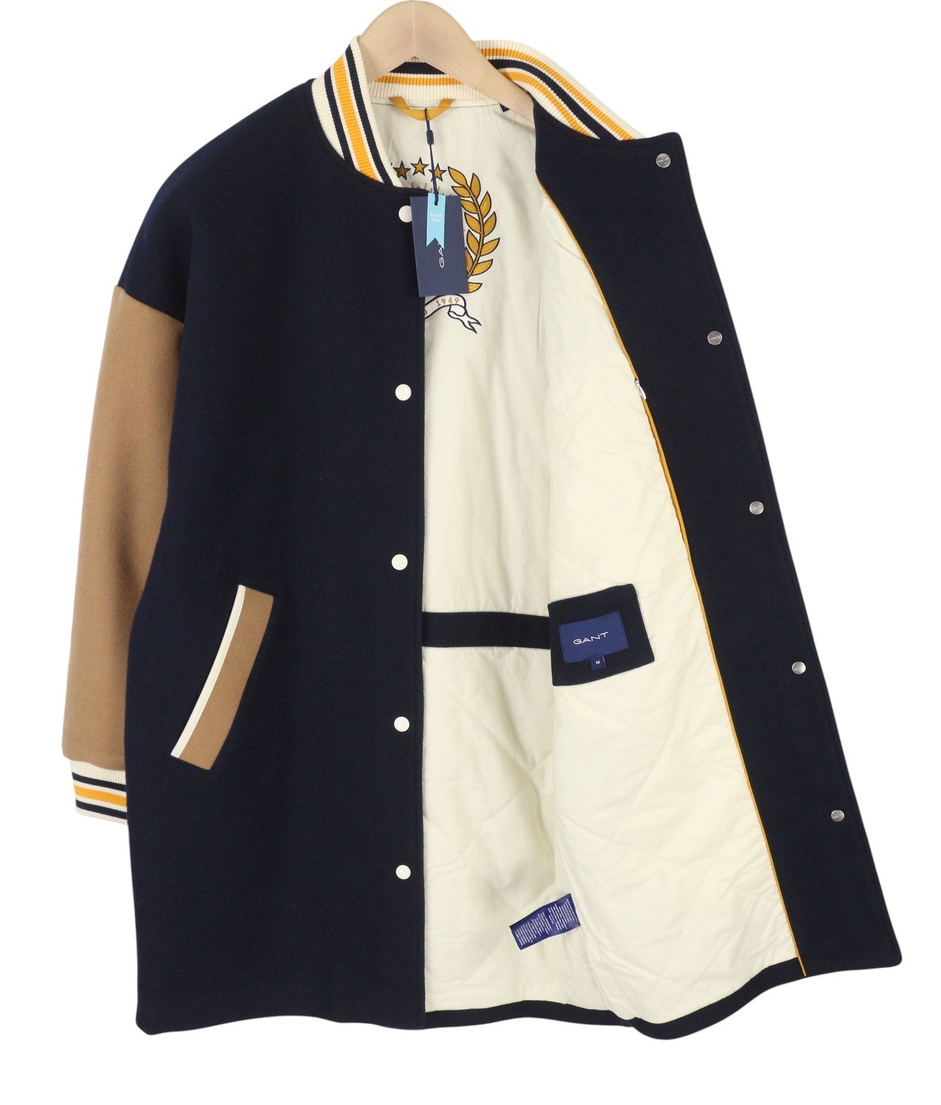 GANT Long Varsity Women Coat M Marine Wool Blend Insulated Snap Buttons Bomber