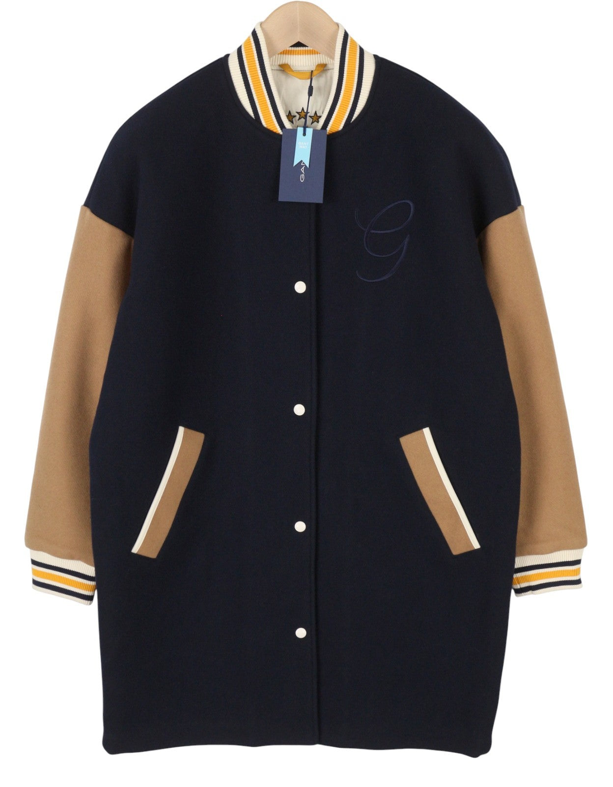 GANT ilgas moteriškas paltas M su tamsiai mėlyna vilnos mišinio izoliuota striuke su spaudėmis bomberyje