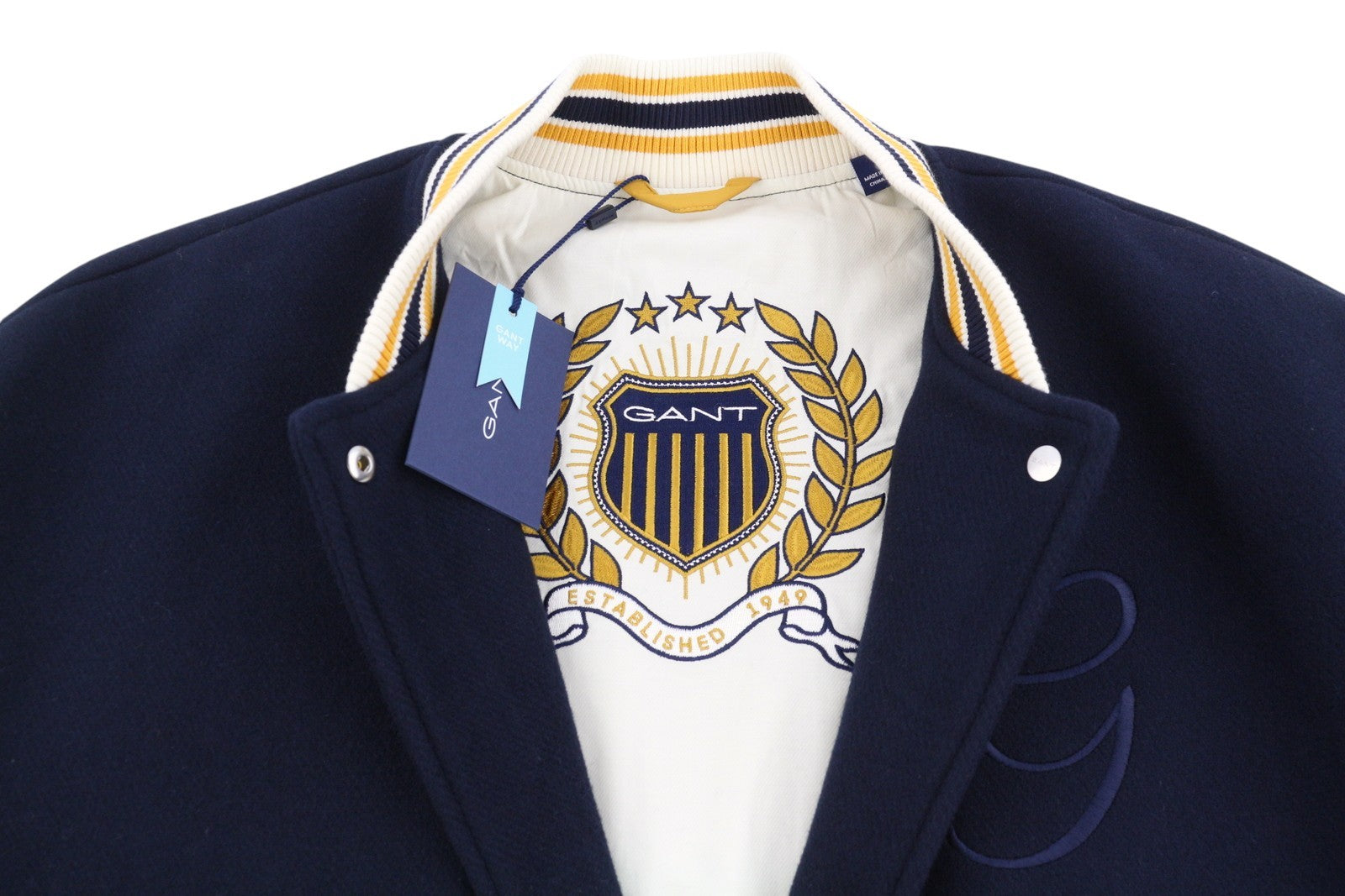 GANT ilgas moteriškas paltas M su tamsiai mėlyna vilnos mišinio izoliuota striuke su spaudėmis bomberyje