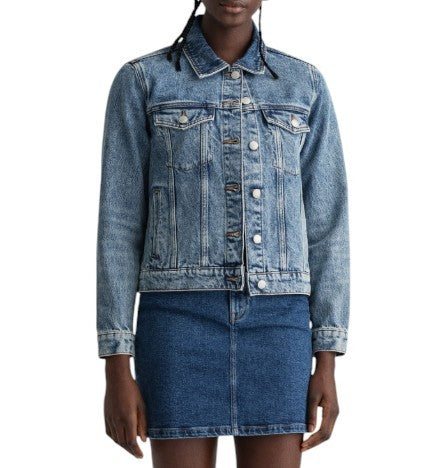 GANT Denim Trucker Women Jacket L Light Blue Broken In Faded Button-Up Spread