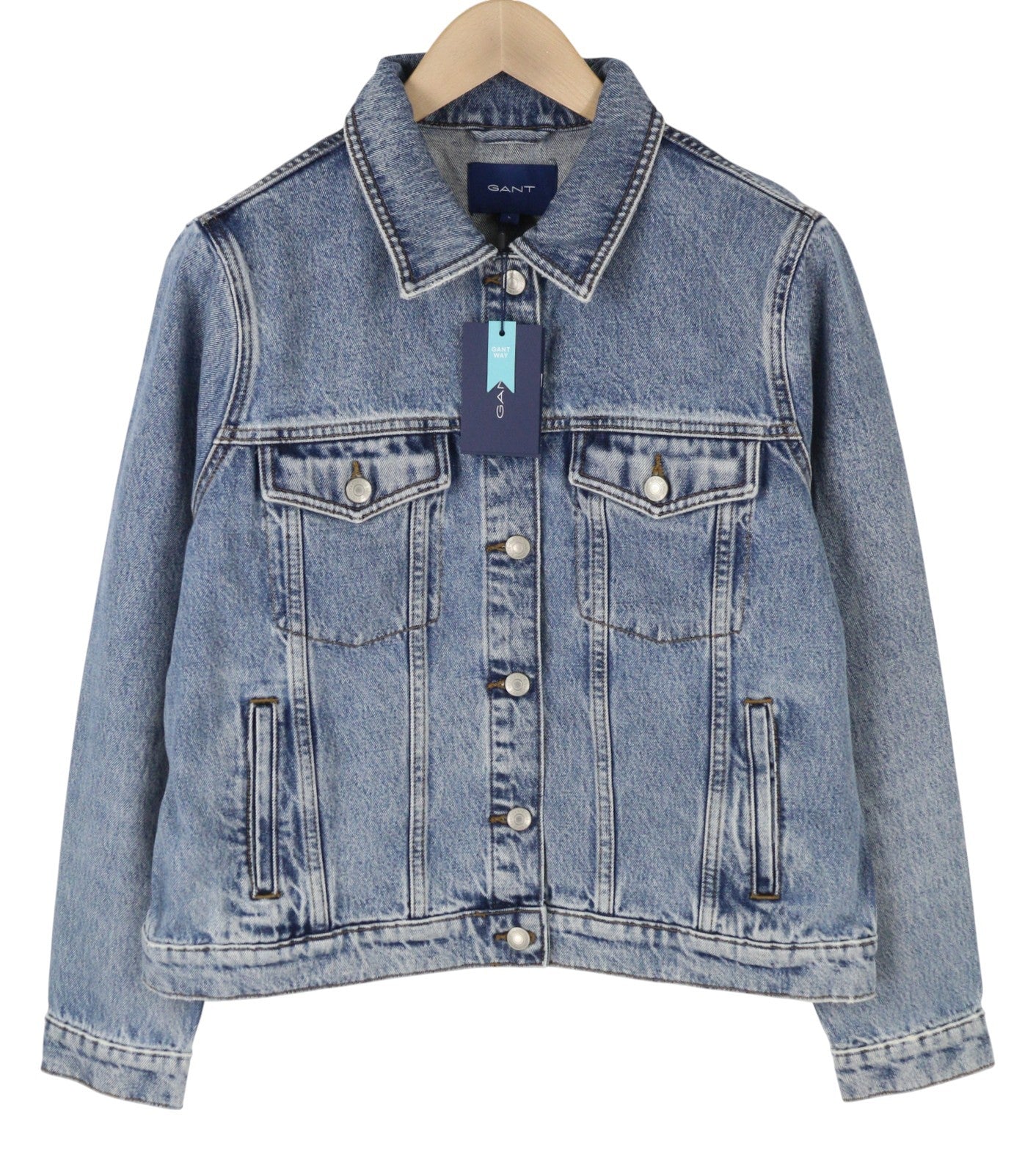 GANT Denim Trucker Women Jacket L Light Blue Broken In Faded Button-Up Spread