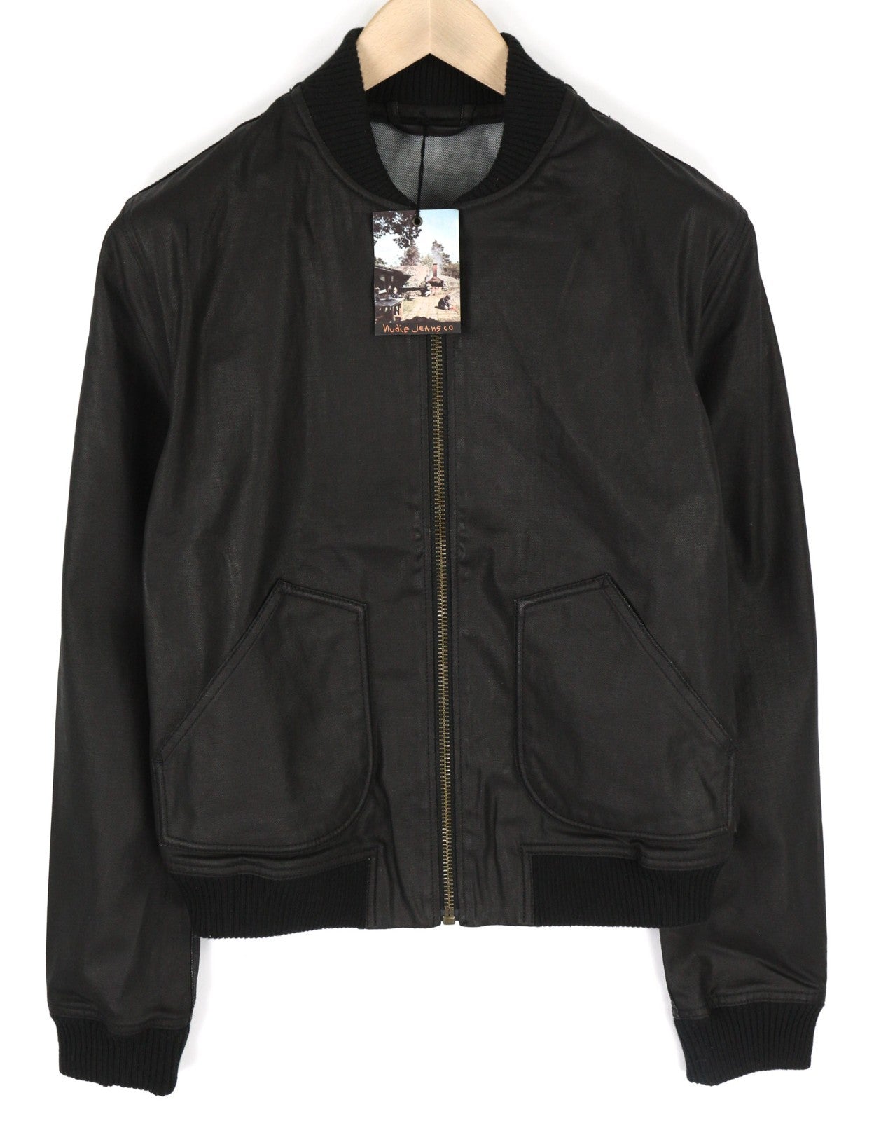 NUDIE JEANS Severin Coated Denim Men's M Black Pure Cotton Unlined Bomber Jacket