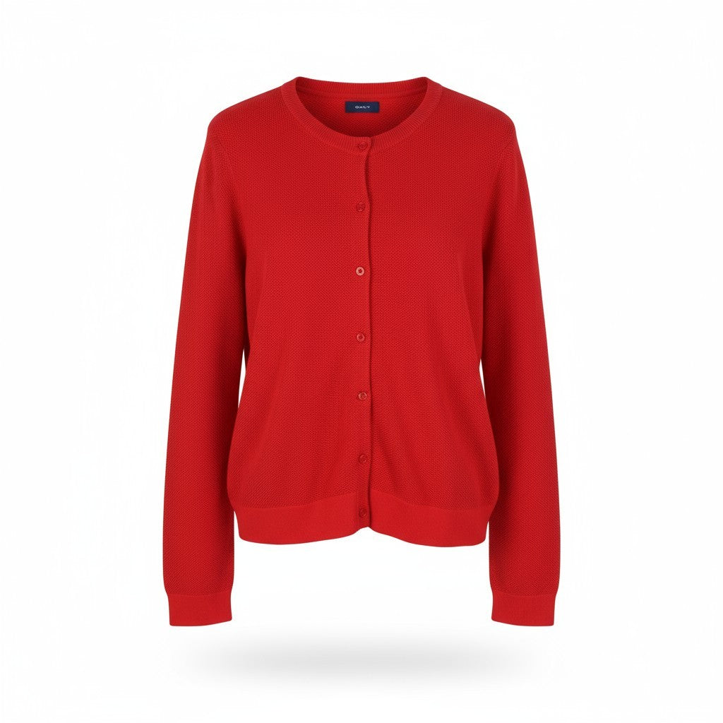 GANT Cotton Pique Cardigan Women Jumper L Bright Red Waffle-Knit Button Stretch