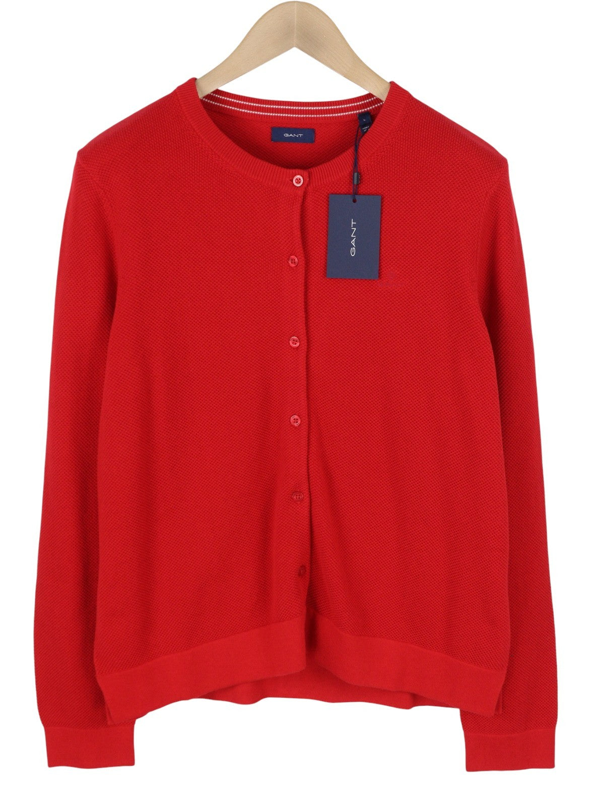 GANT Cotton Pique Cardigan Women Jumper L Bright Red Waffle-Knit Button Stretch